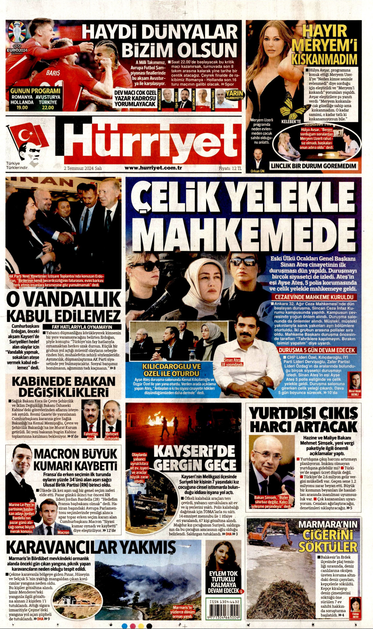 HÜRRİYET gazetesinin 2 Temmuz 2024 tarihli birinci sayfası