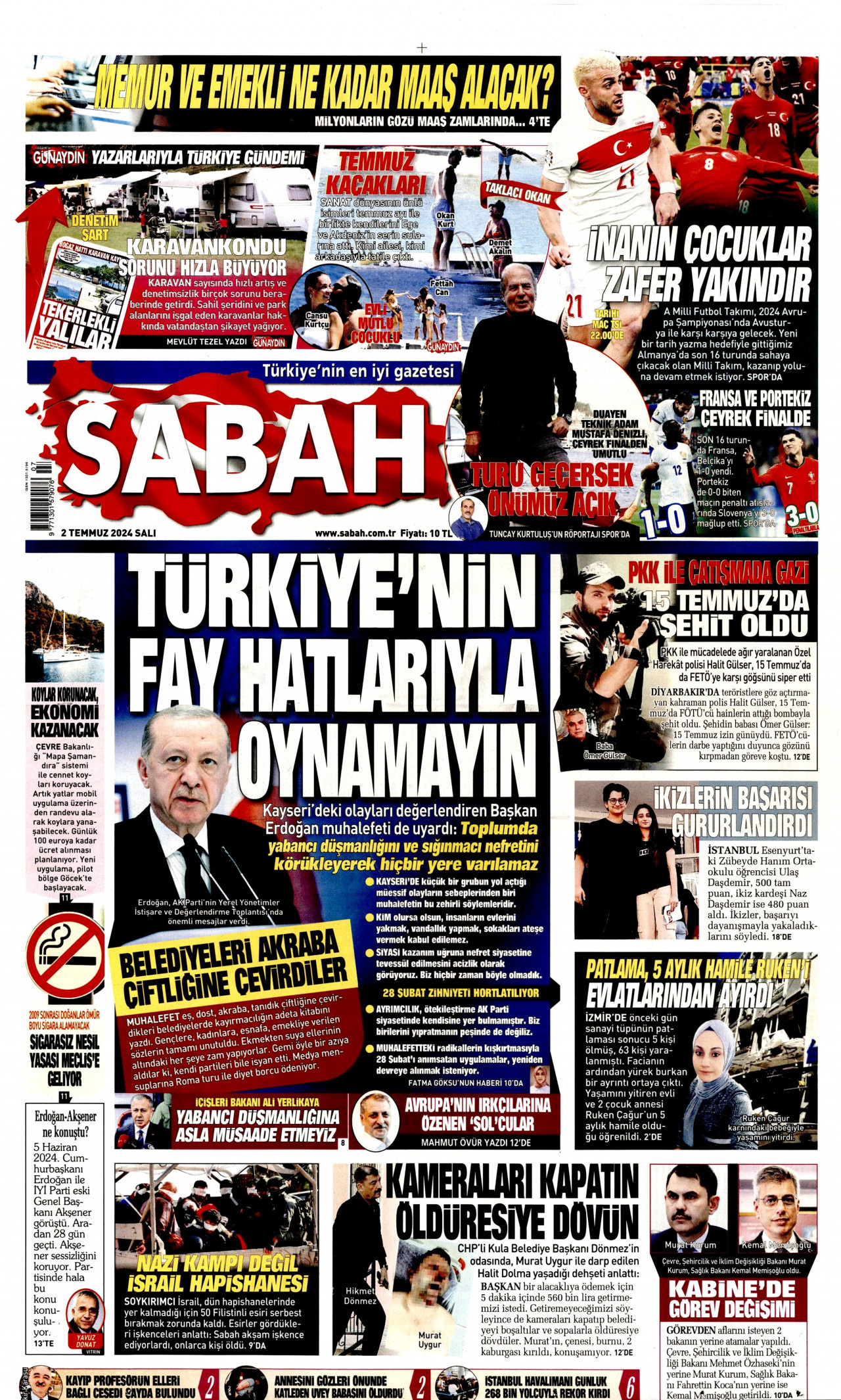 SABAH gazetesinin 2 Temmuz 2024 tarihli birinci sayfası