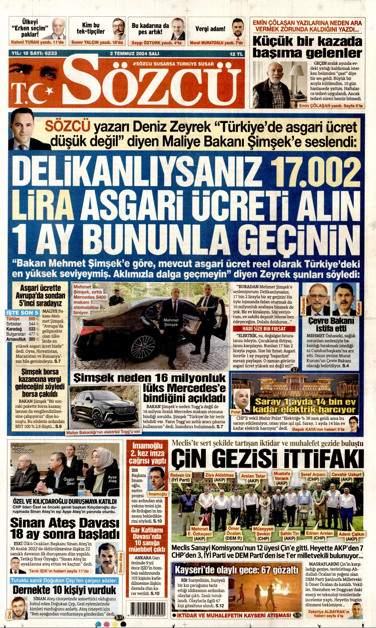 SÖZCÜ gazetesinin 2 Temmuz 2024 tarihli birinci sayfası
