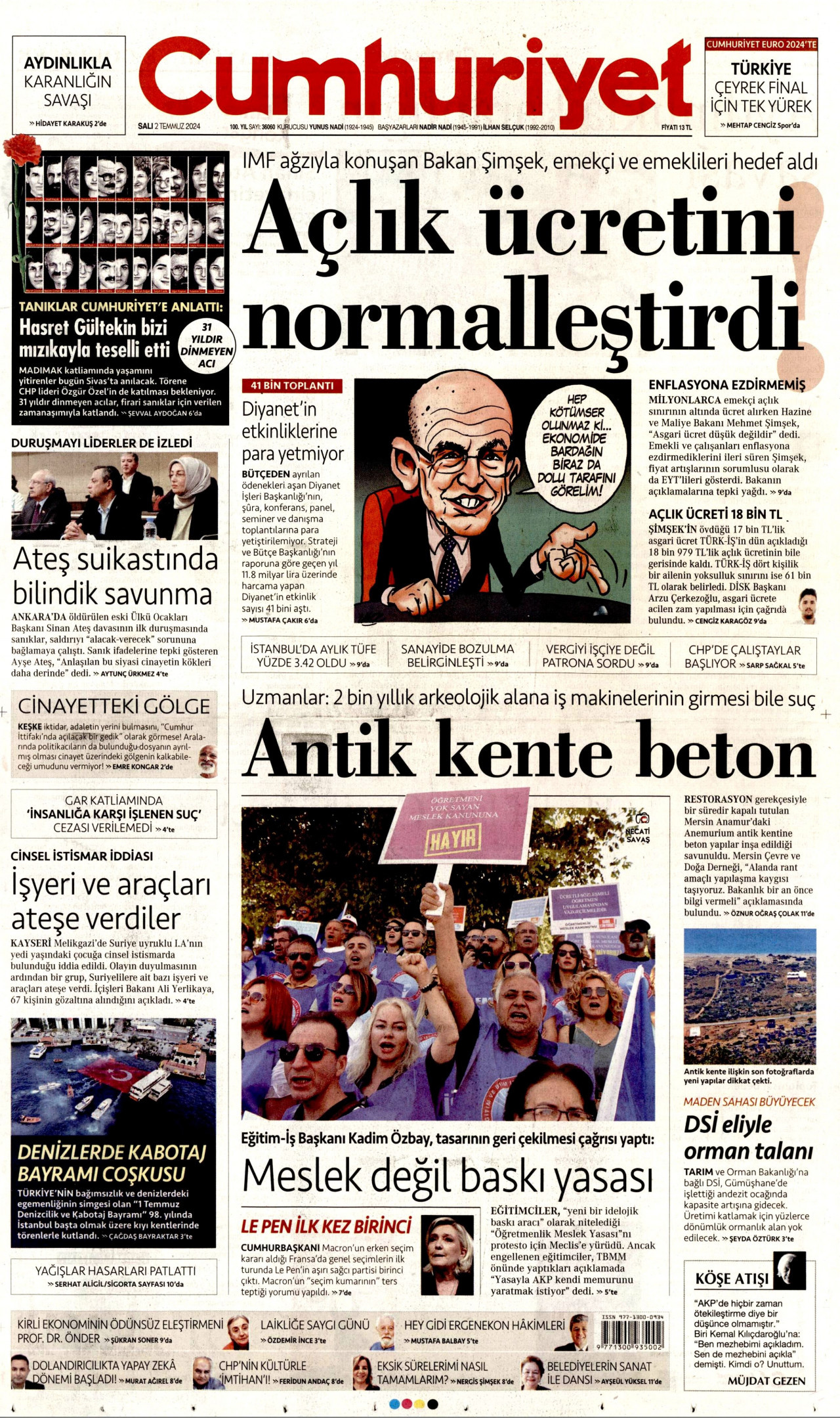 CUMHURİYET gazetesinin 2 Temmuz 2024 tarihli birinci sayfası
