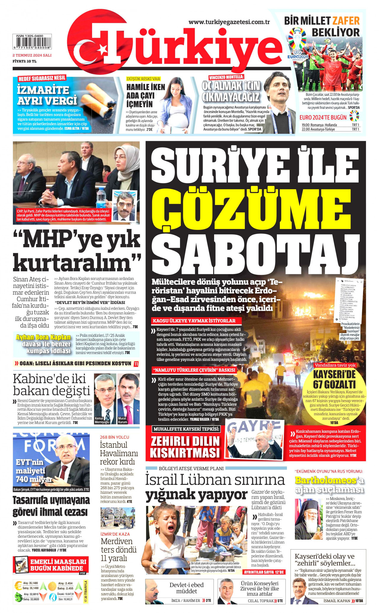 TÜRKİYE GAZETESİ gazetesinin 2 Temmuz 2024 tarihli birinci sayfası
