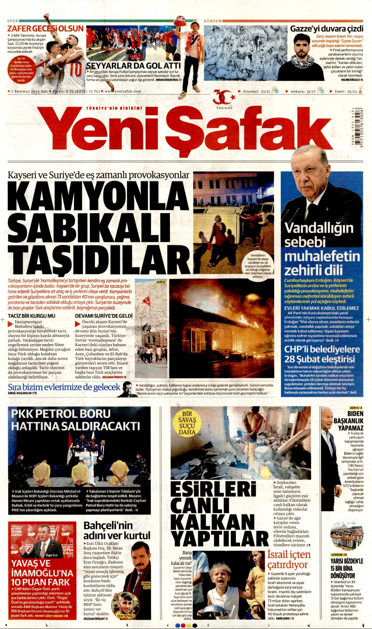 YENİ ŞAFAK gazetesinin 2 Temmuz 2024 tarihli birinci sayfası