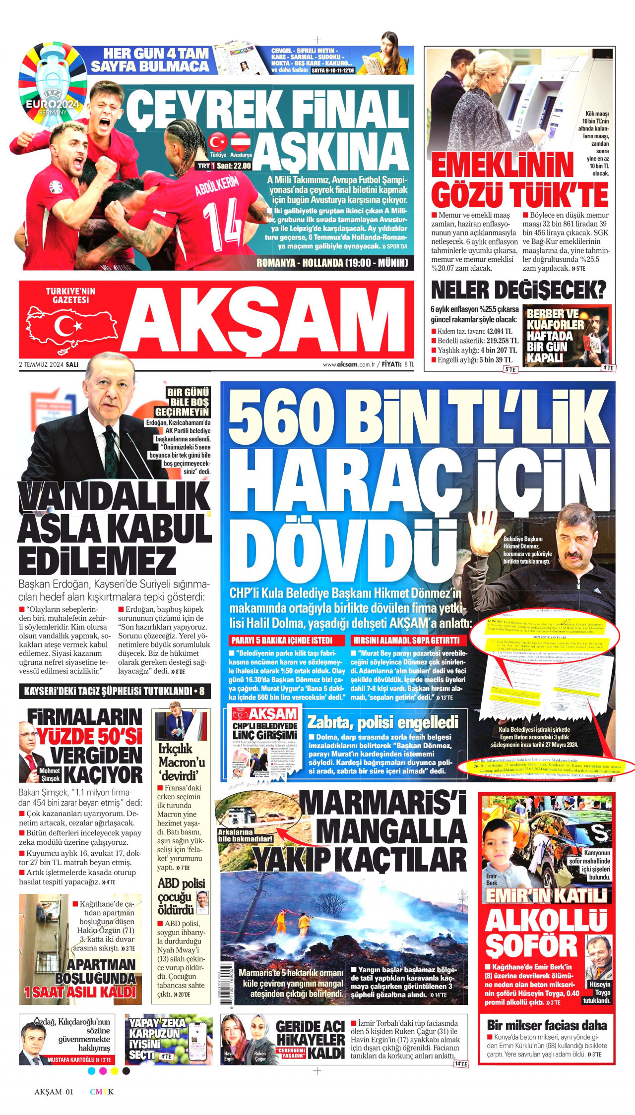 AKŞAM gazetesinin 2 Temmuz 2024 tarihli birinci sayfası