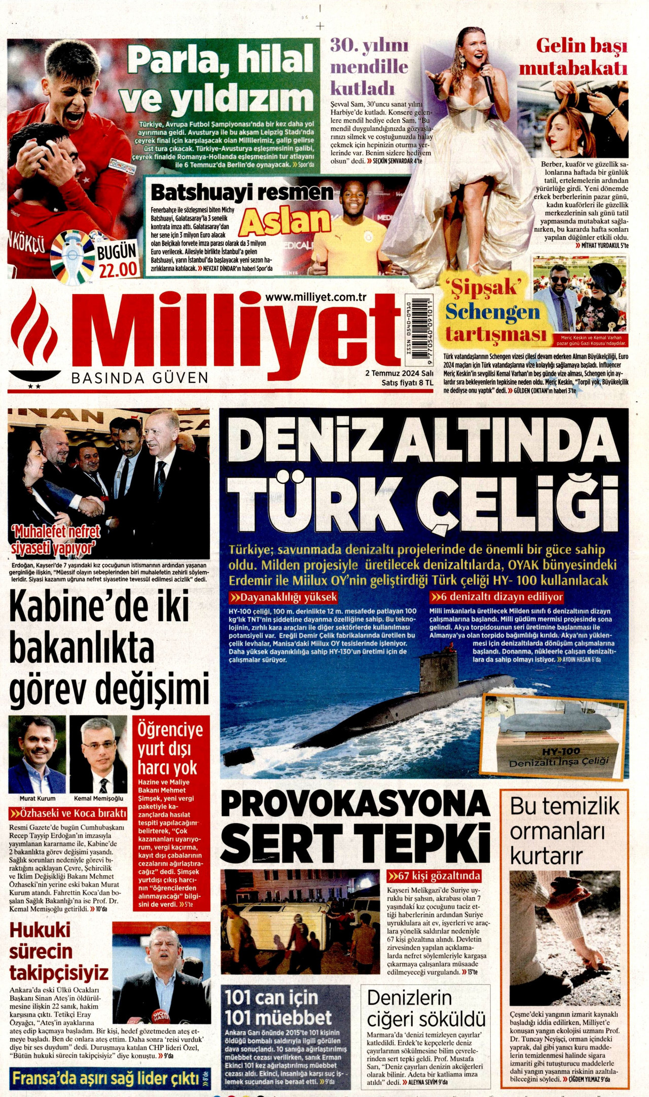 MİLLİYET gazetesinin 2 Temmuz 2024 tarihli birinci sayfası