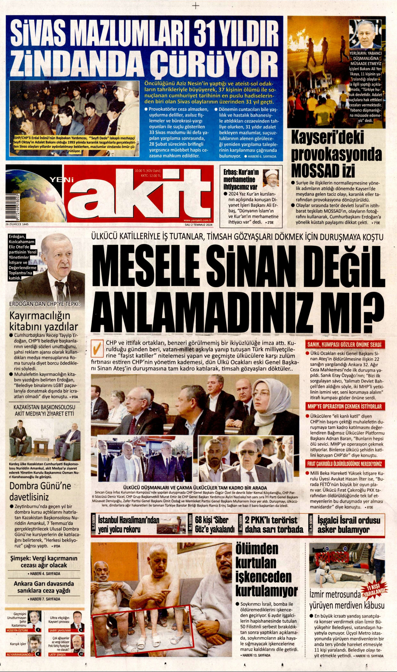 YENİ AKİT gazetesinin 2 Temmuz 2024 tarihli birinci sayfası