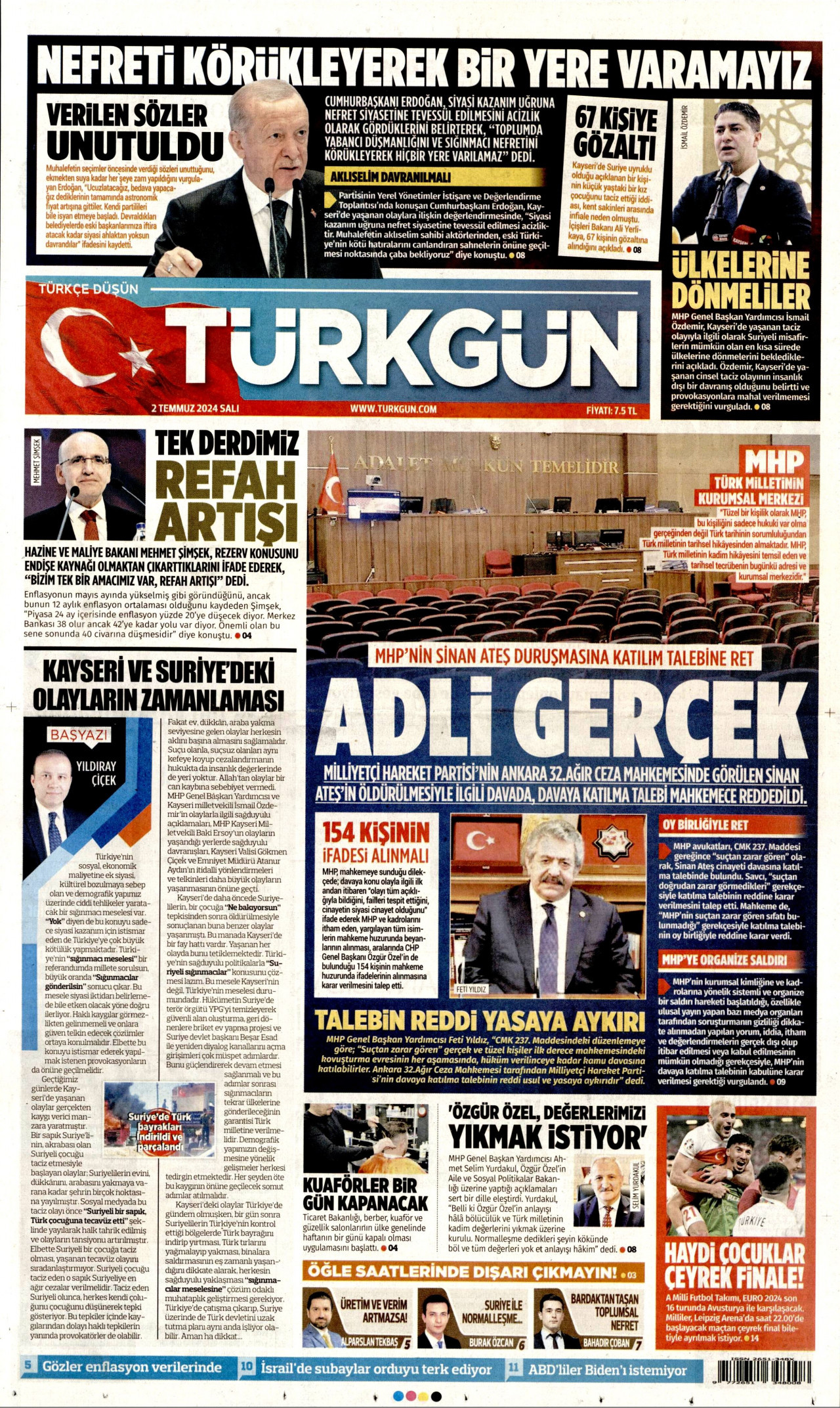 TÜRKGÜN gazetesinin 2 Temmuz 2024 tarihli birinci sayfası