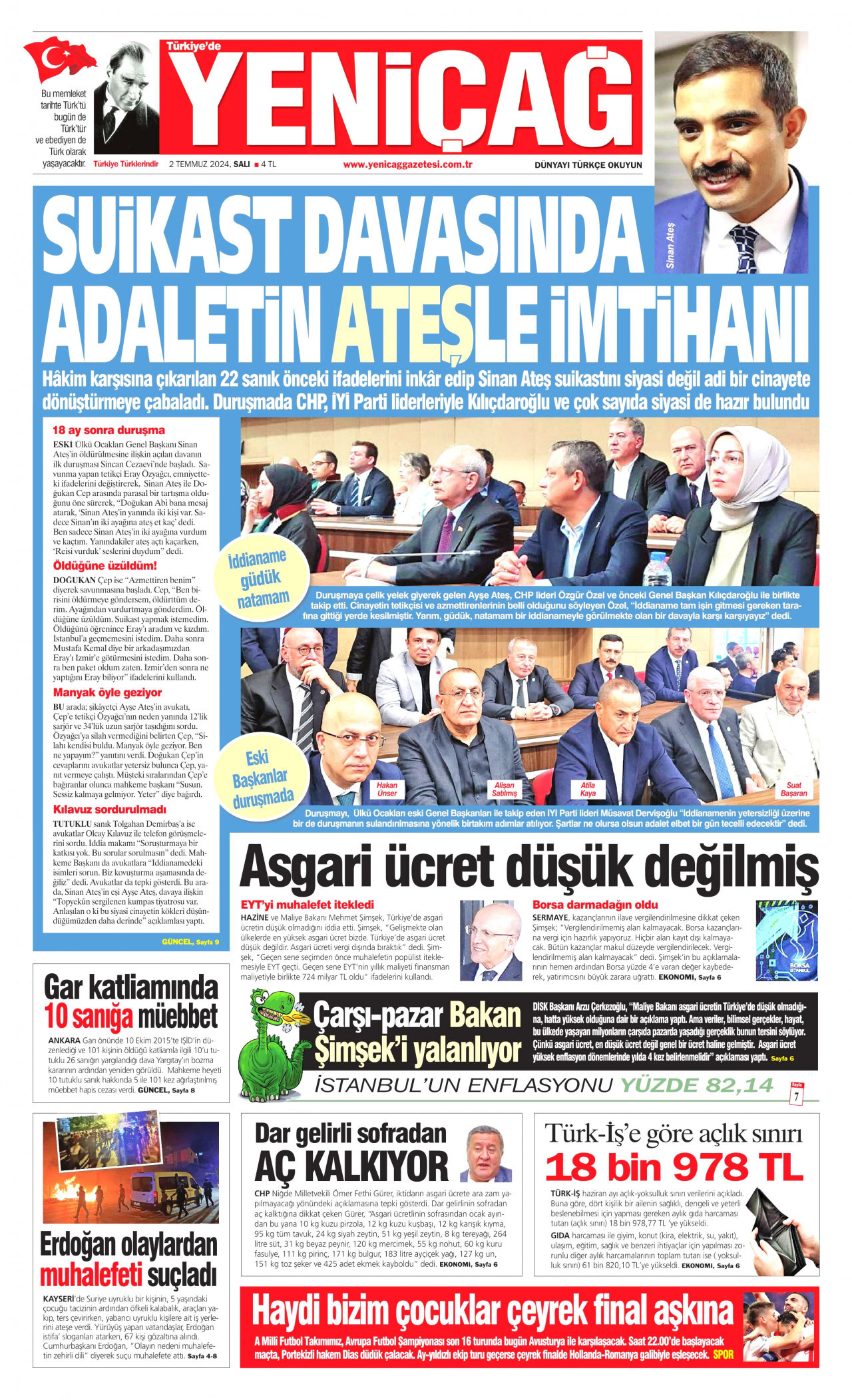 YENİÇAĞ gazetesinin 2 Temmuz 2024 tarihli birinci sayfası