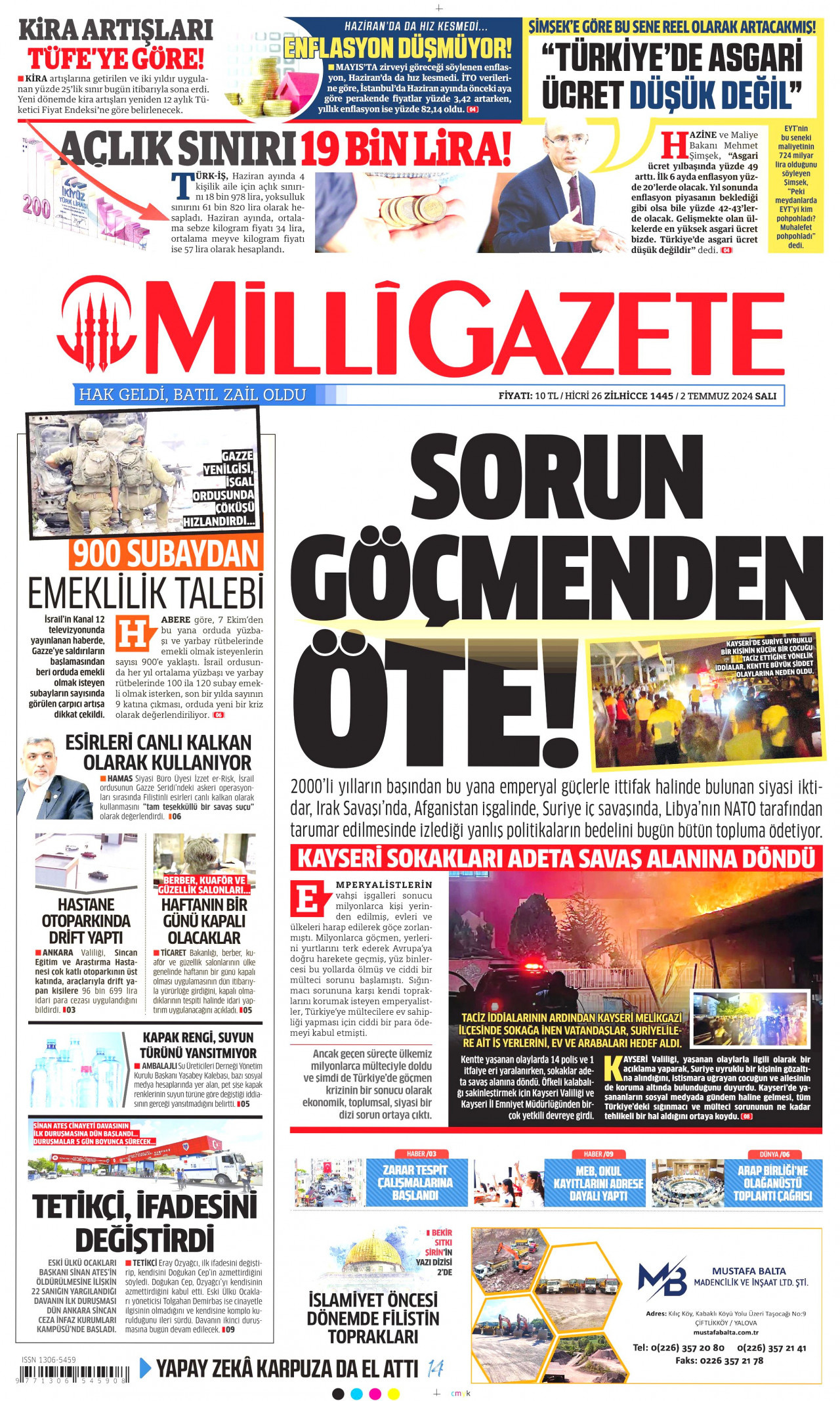 MİLLİ GAZETE gazetesinin 2 Temmuz 2024 tarihli birinci sayfası