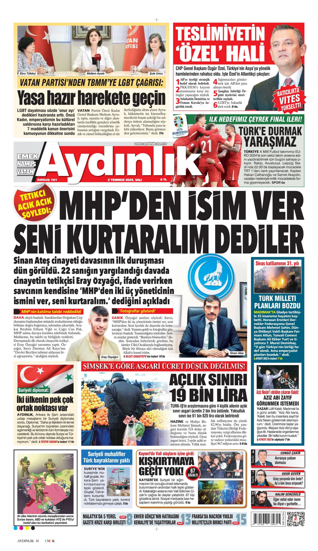 AYDINLIK GAZETESİ gazetesinin 2 Temmuz 2024 tarihli birinci sayfası