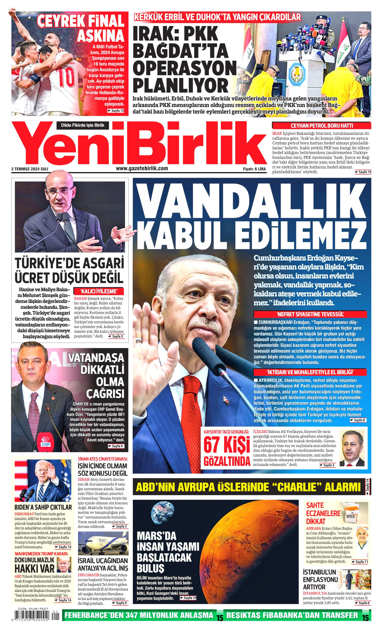 YENİBİRLİK gazetesinin 2 Temmuz 2024 tarihli birinci sayfası