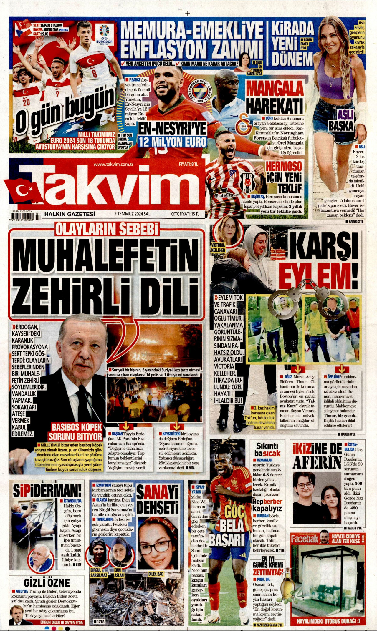 TAKVİM gazetesinin 2 Temmuz 2024 tarihli birinci sayfası