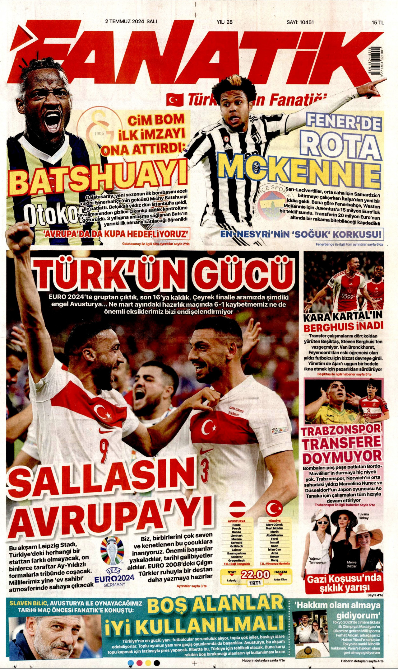 FANATİK gazetesinin 2 Temmuz 2024 tarihli birinci sayfası