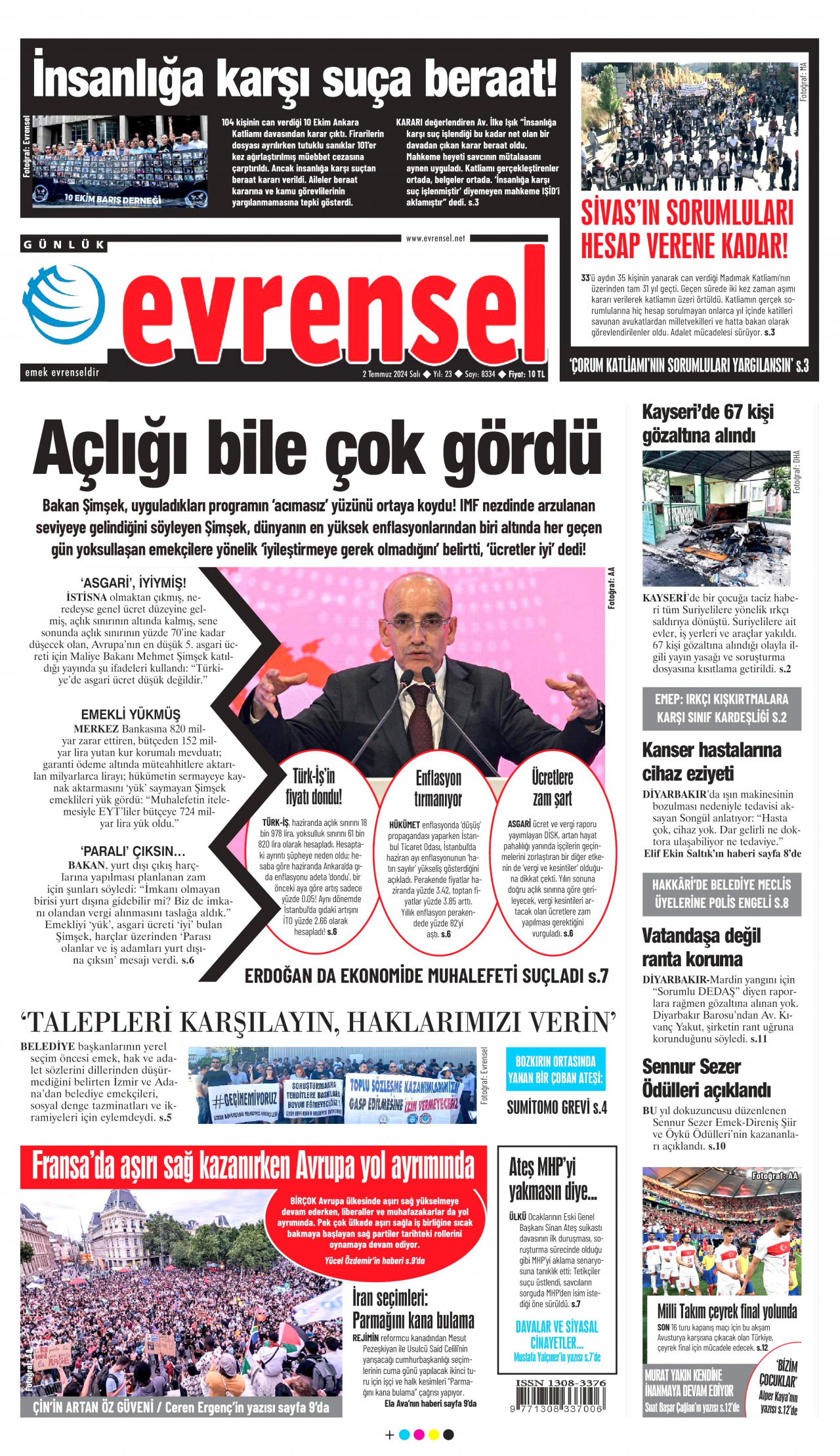 EVRENSEL gazetesinin 2 Temmuz 2024 tarihli birinci sayfası