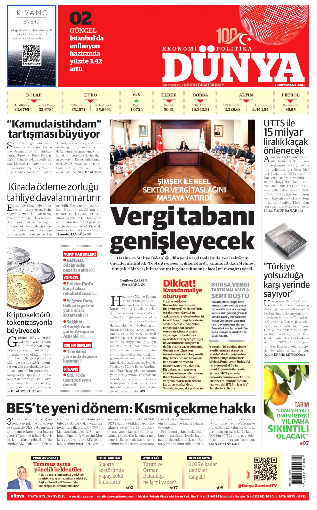 DÜNYA gazetesinin 2 Temmuz 2024 tarihli birinci sayfası