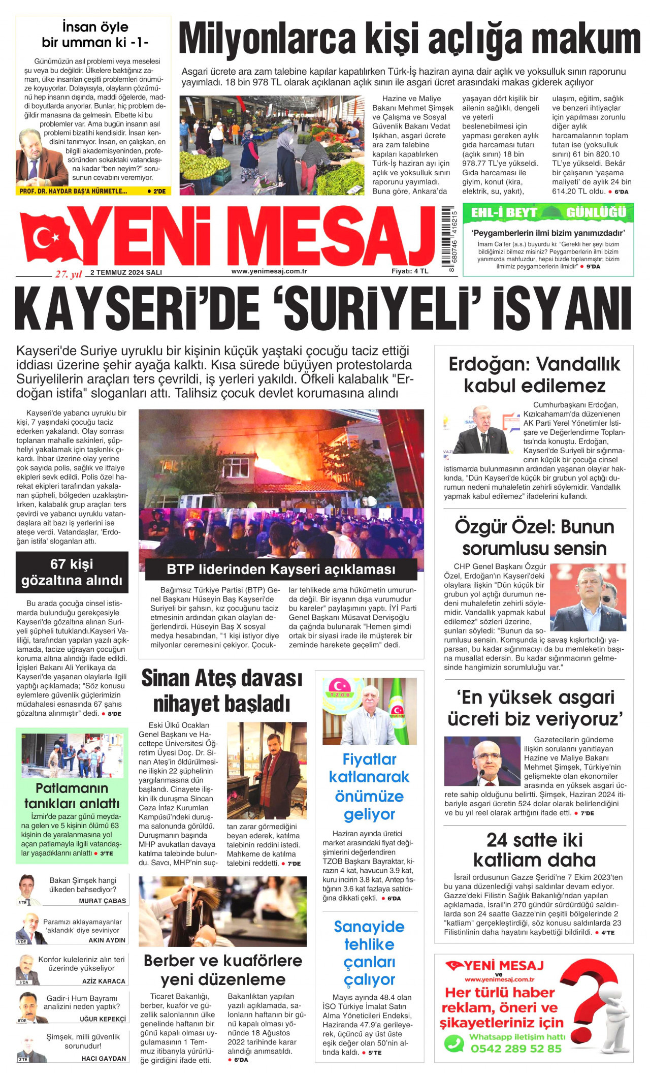 YENİ MESAJ gazetesinin 2 Temmuz 2024 tarihli birinci sayfası