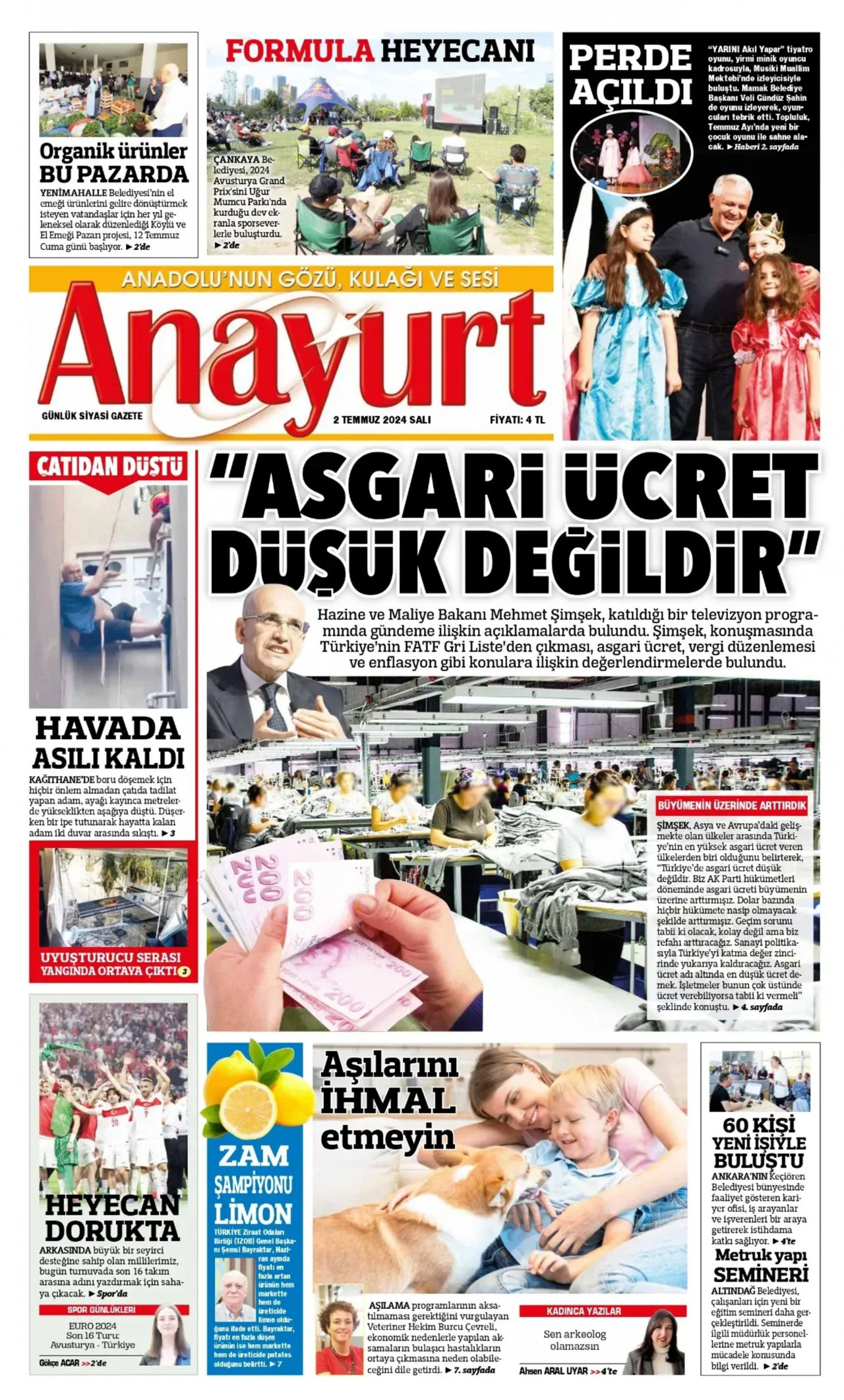 ANAYURT gazetesinin 2 Temmuz 2024 tarihli birinci sayfası