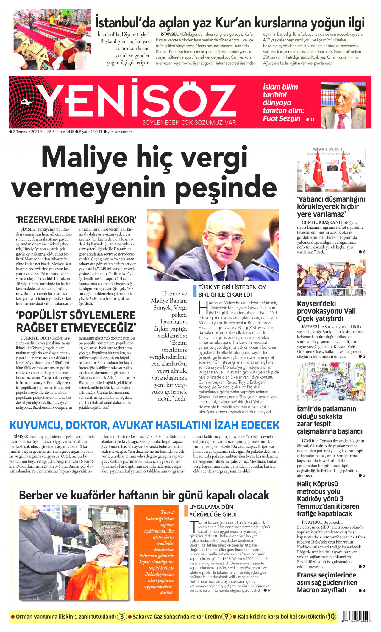 YENİ SÖZ GAZETESİ gazetesinin 2 Temmuz 2024 tarihli birinci sayfası