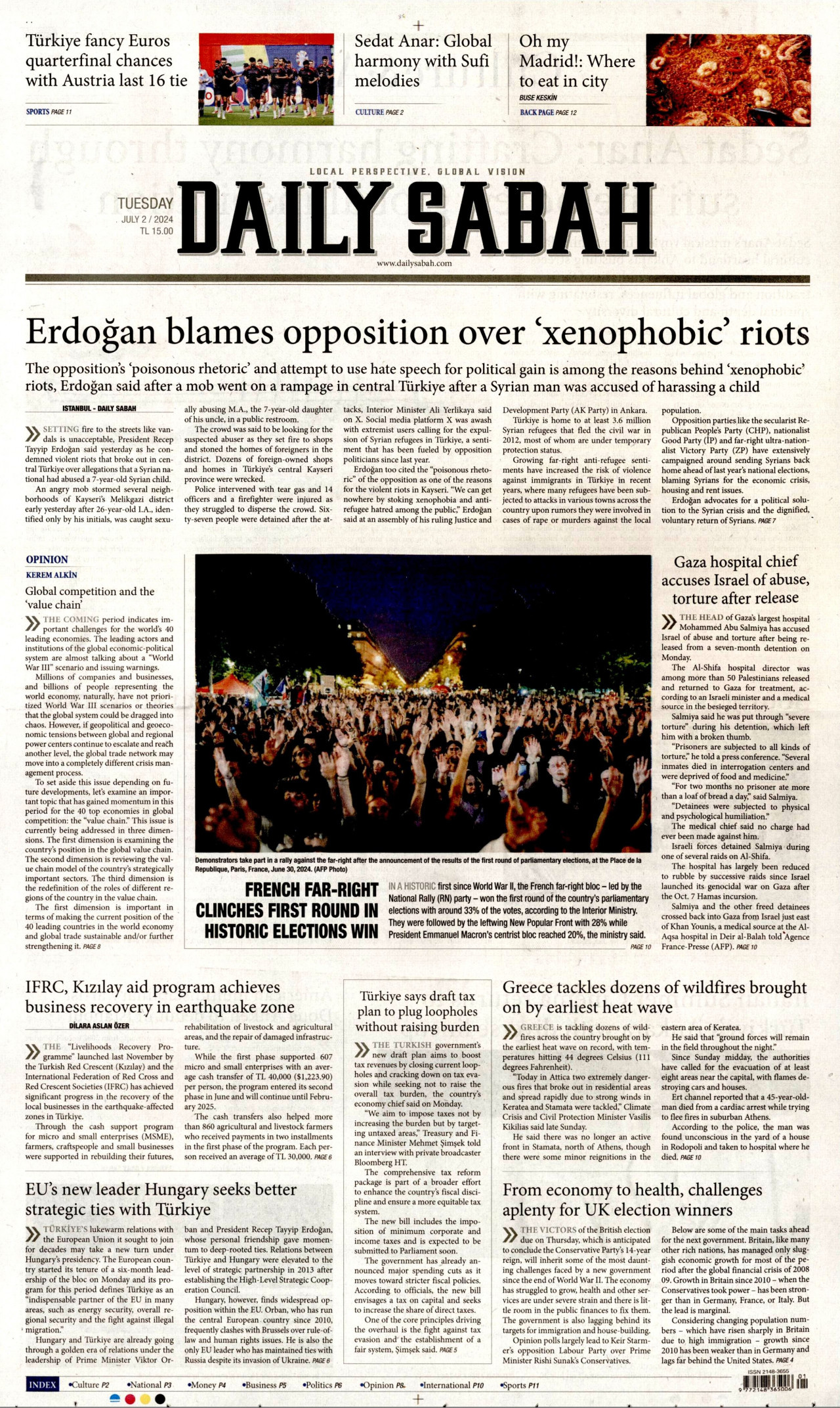 DAİLY SABAH gazetesinin 2 Temmuz 2024 tarihli birinci sayfası