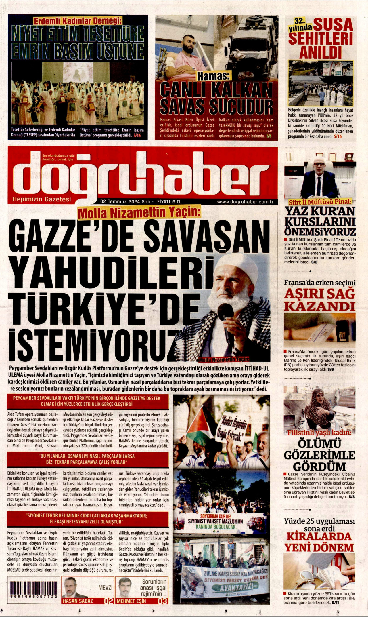 DOĞRU HABER gazetesinin 2 Temmuz 2024 tarihli birinci sayfası
