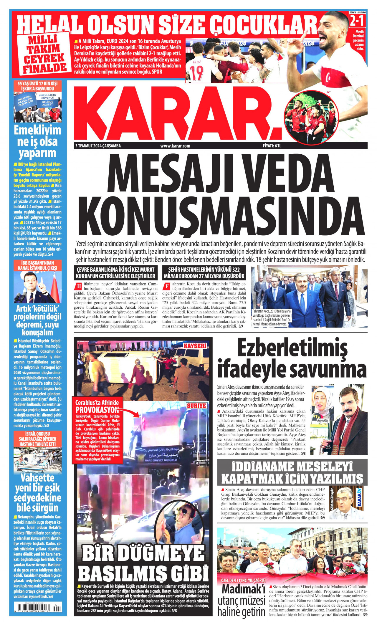KARAR gazetesinin 3 Temmuz 2024 tarihli birinci sayfası