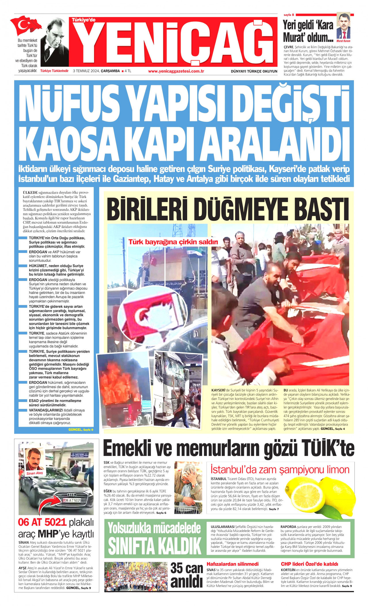 YENİÇAĞ gazetesinin 3 Temmuz 2024 tarihli birinci sayfası