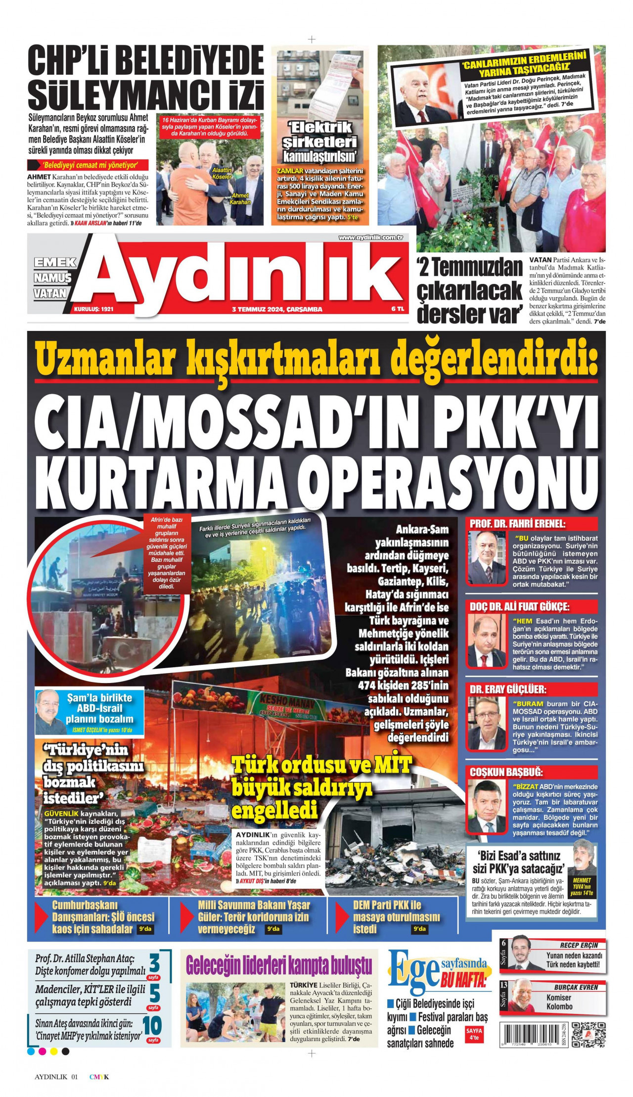 AYDINLIK GAZETESİ gazetesinin 3 Temmuz 2024 tarihli birinci sayfası