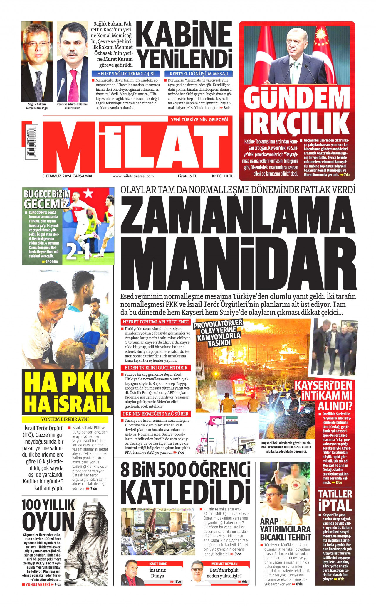 MİLAT gazetesinin 3 Temmuz 2024 tarihli birinci sayfası
