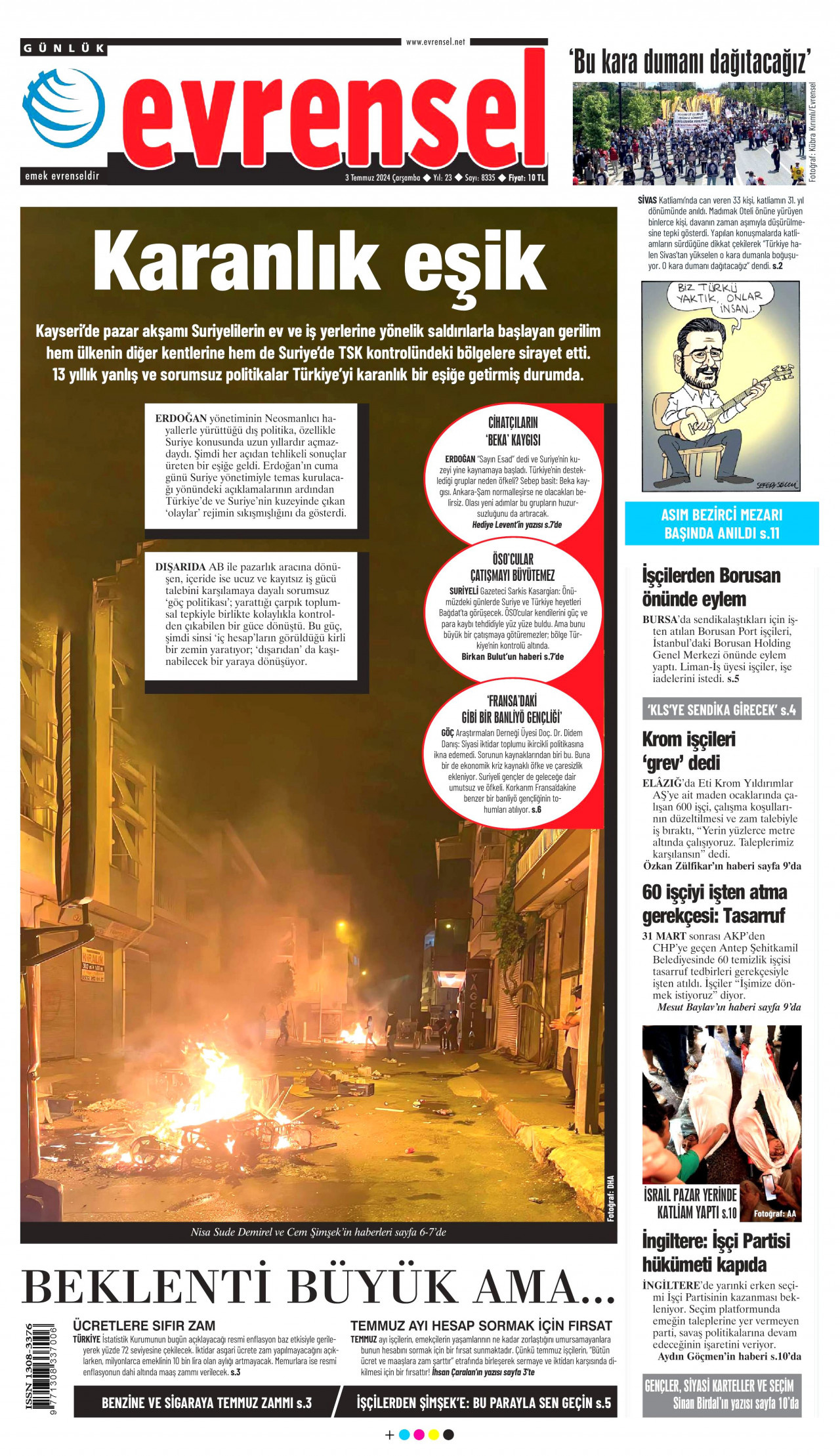 EVRENSEL gazetesinin 3 Temmuz 2024 tarihli birinci sayfası