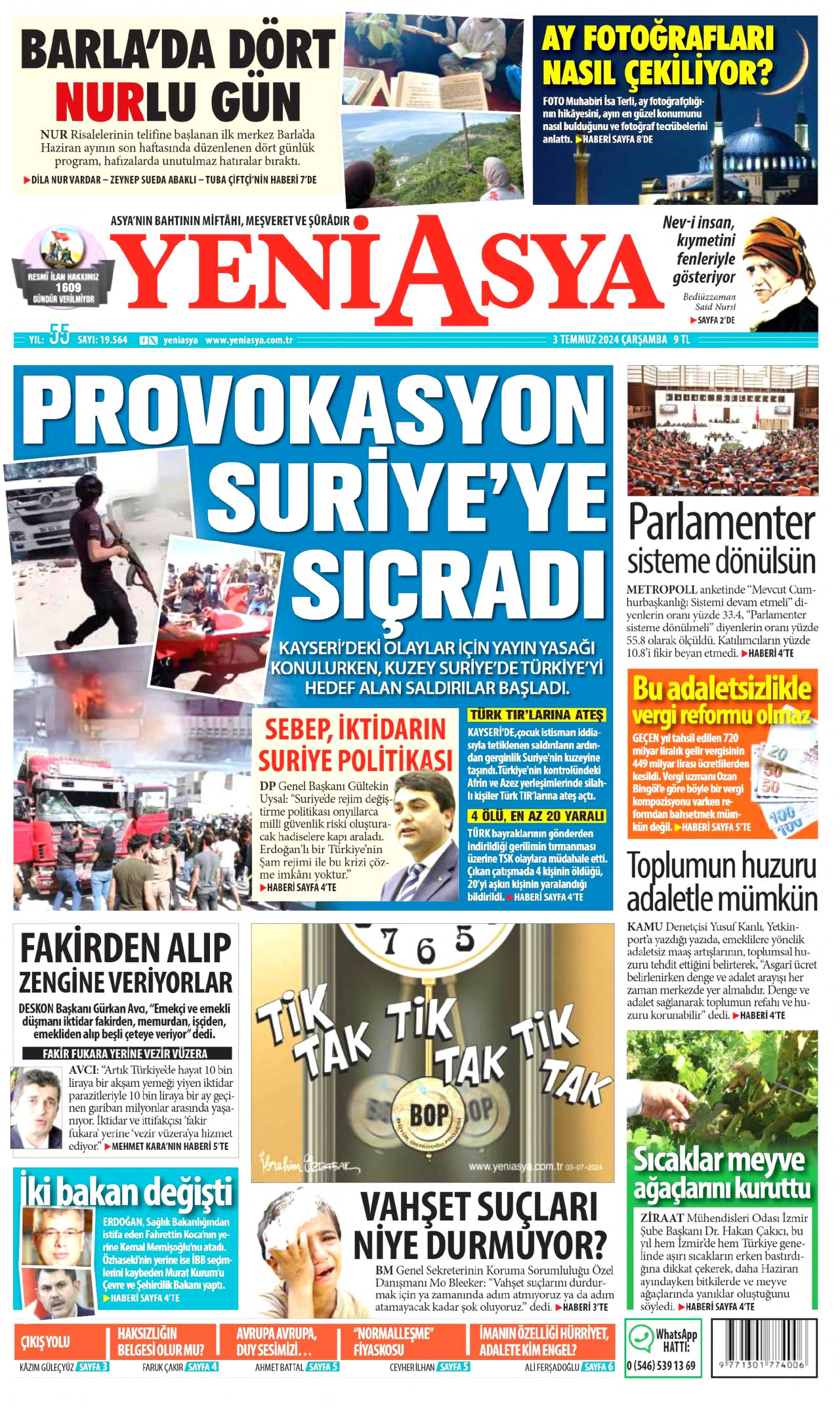 YENİ ASYA gazetesinin 3 Temmuz 2024 tarihli birinci sayfası