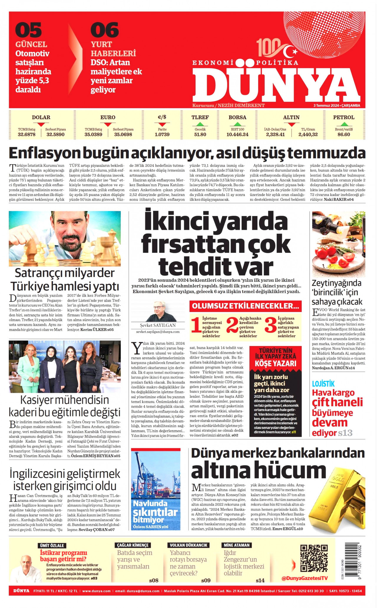 DÜNYA gazetesinin 3 Temmuz 2024 tarihli birinci sayfası