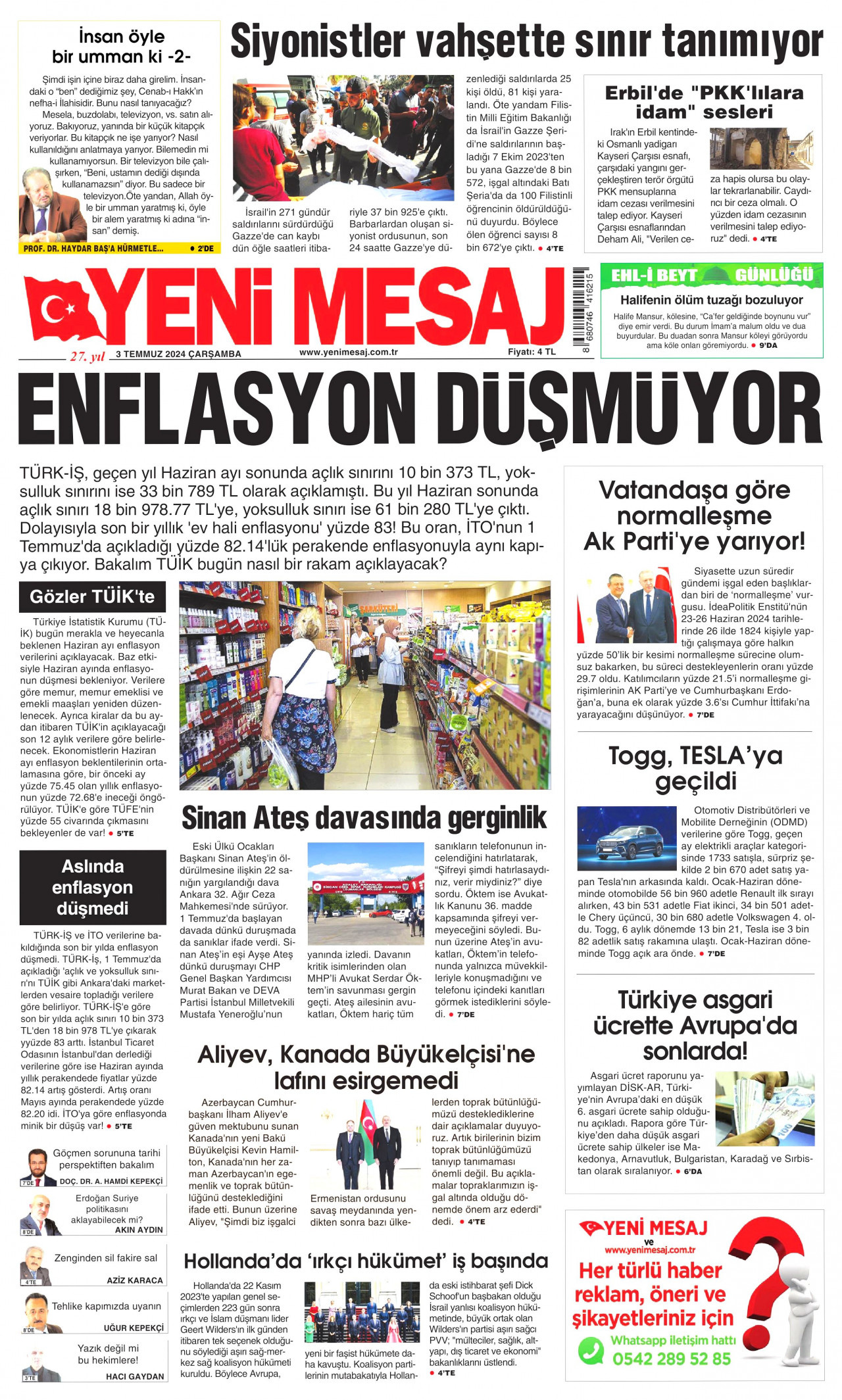 YENİ MESAJ gazetesinin 3 Temmuz 2024 tarihli birinci sayfası