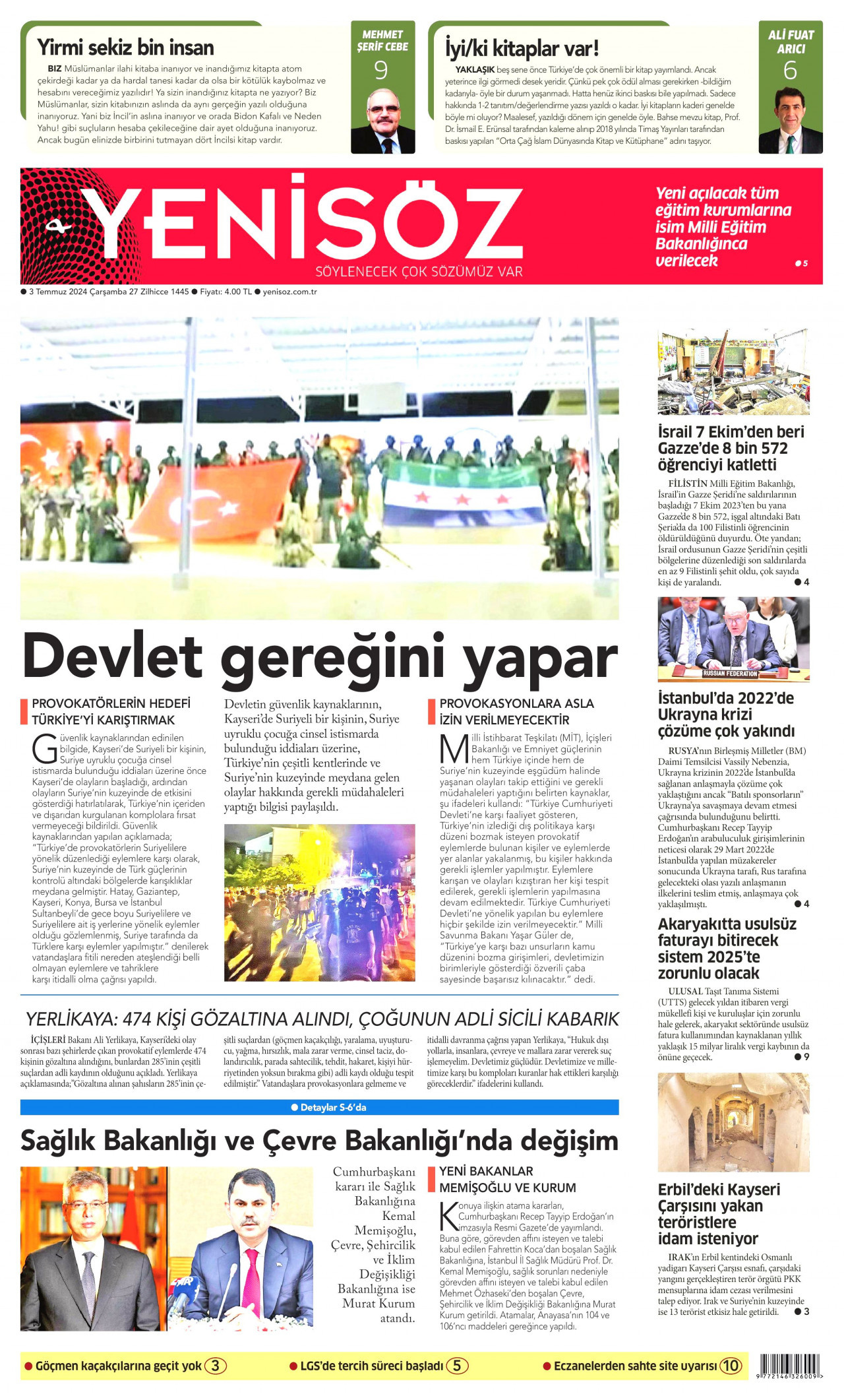 YENİ SÖZ GAZETESİ gazetesinin 3 Temmuz 2024 tarihli birinci sayfası