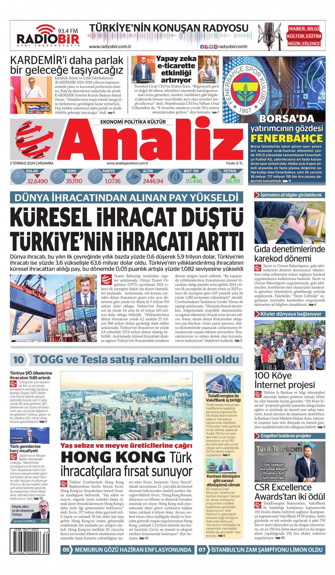 ANALİZ gazetesinin 3 Temmuz 2024 tarihli birinci sayfası