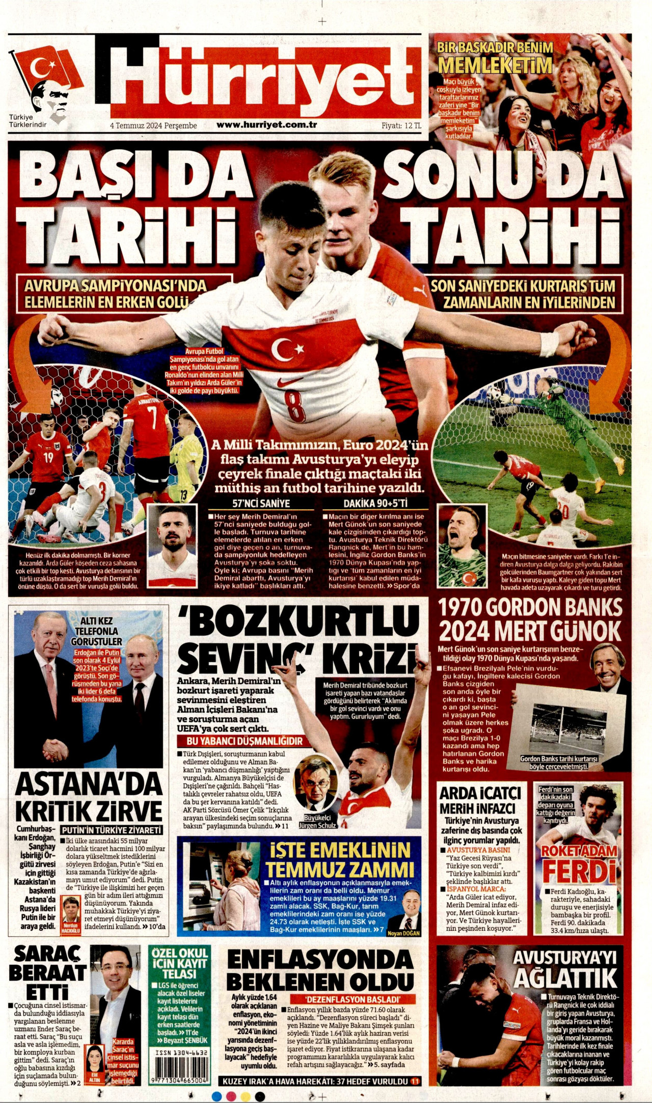 HÜRRİYET gazetesinin 4 Temmuz 2024 tarihli birinci sayfası