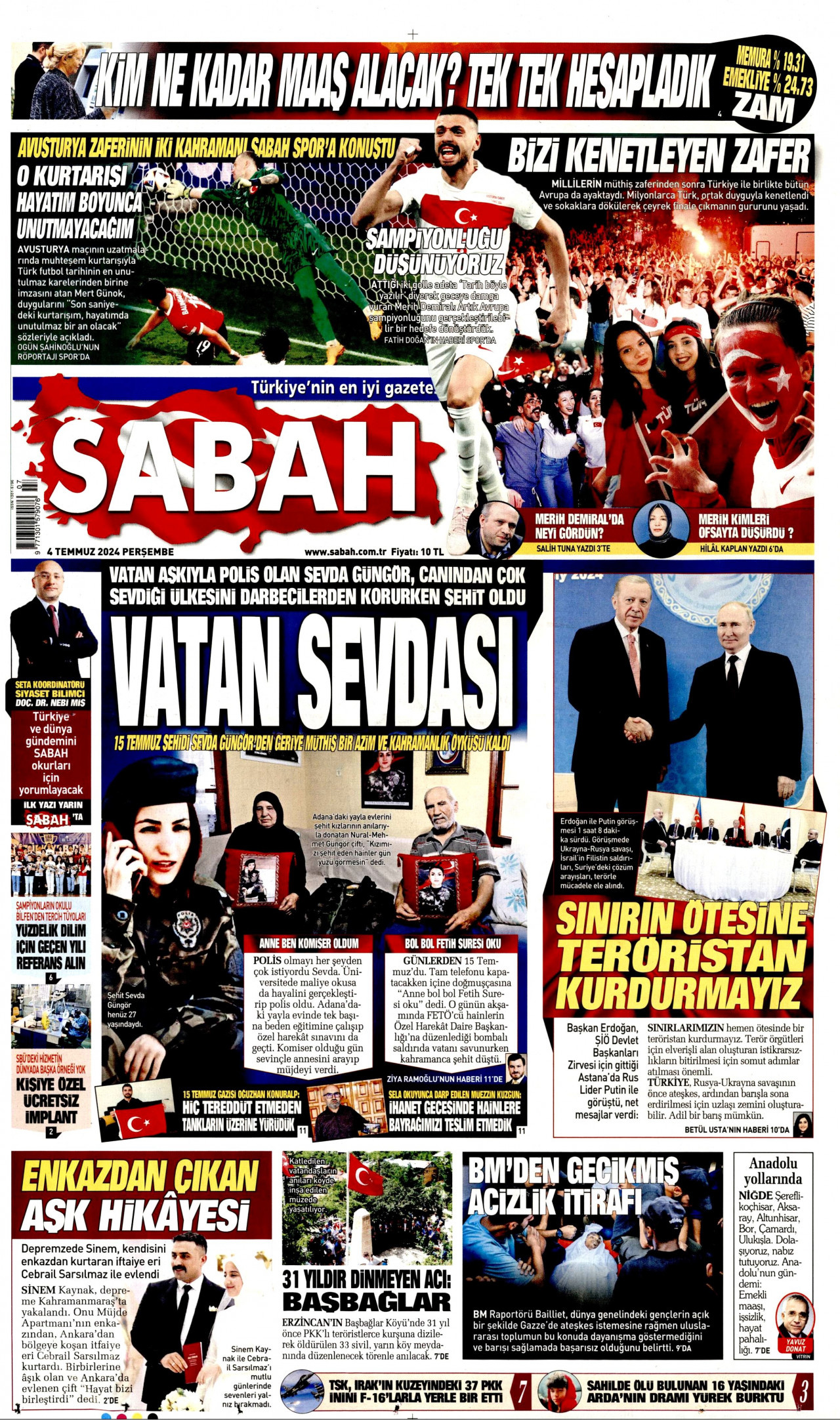 SABAH gazetesinin 4 Temmuz 2024 tarihli birinci sayfası