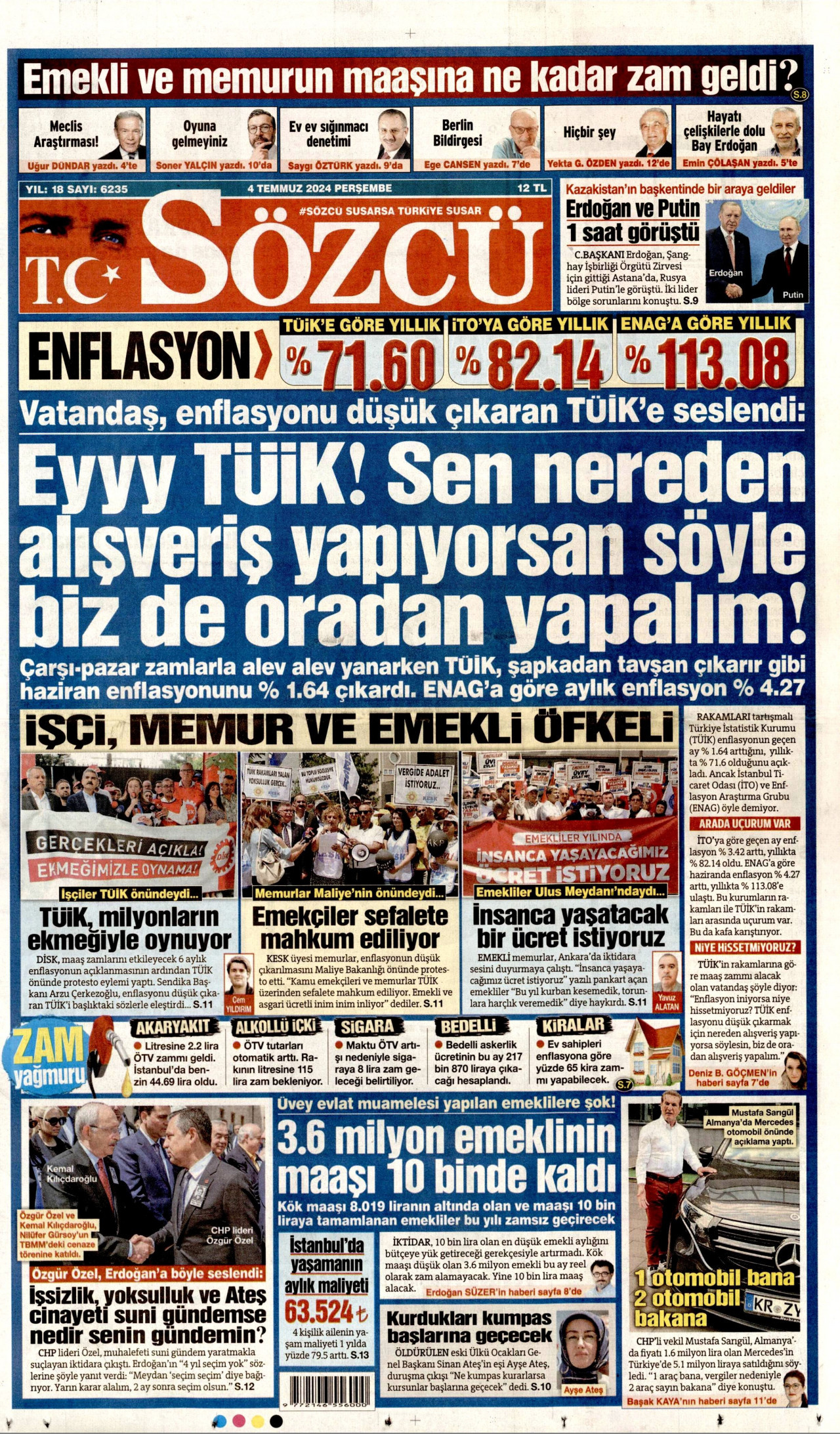 SÖZCÜ gazetesinin 4 Temmuz 2024 tarihli birinci sayfası