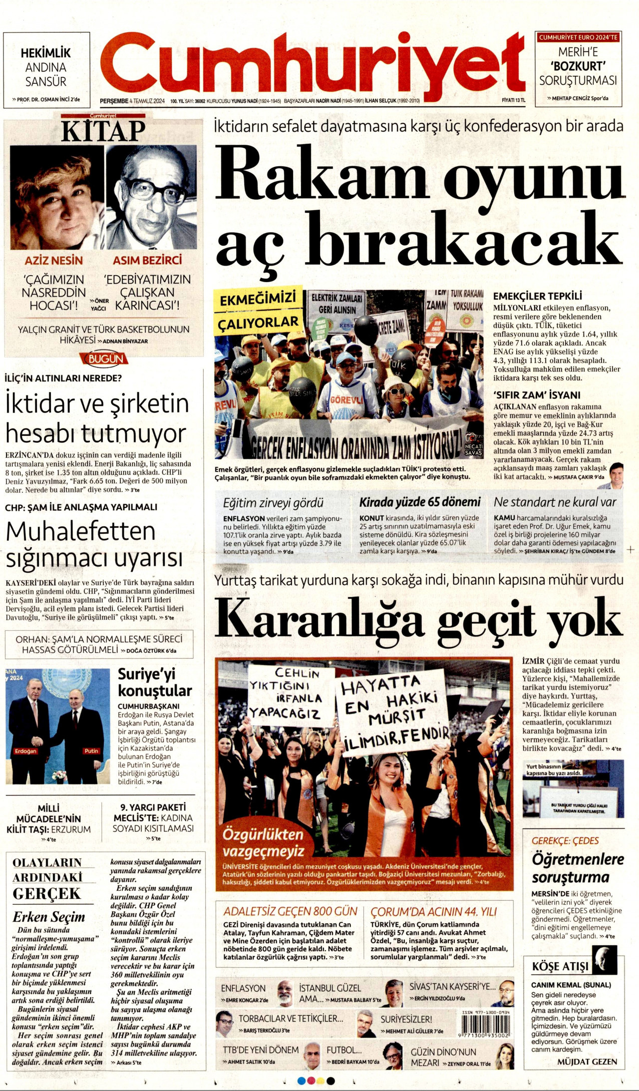 CUMHURİYET gazetesinin 4 Temmuz 2024 tarihli birinci sayfası