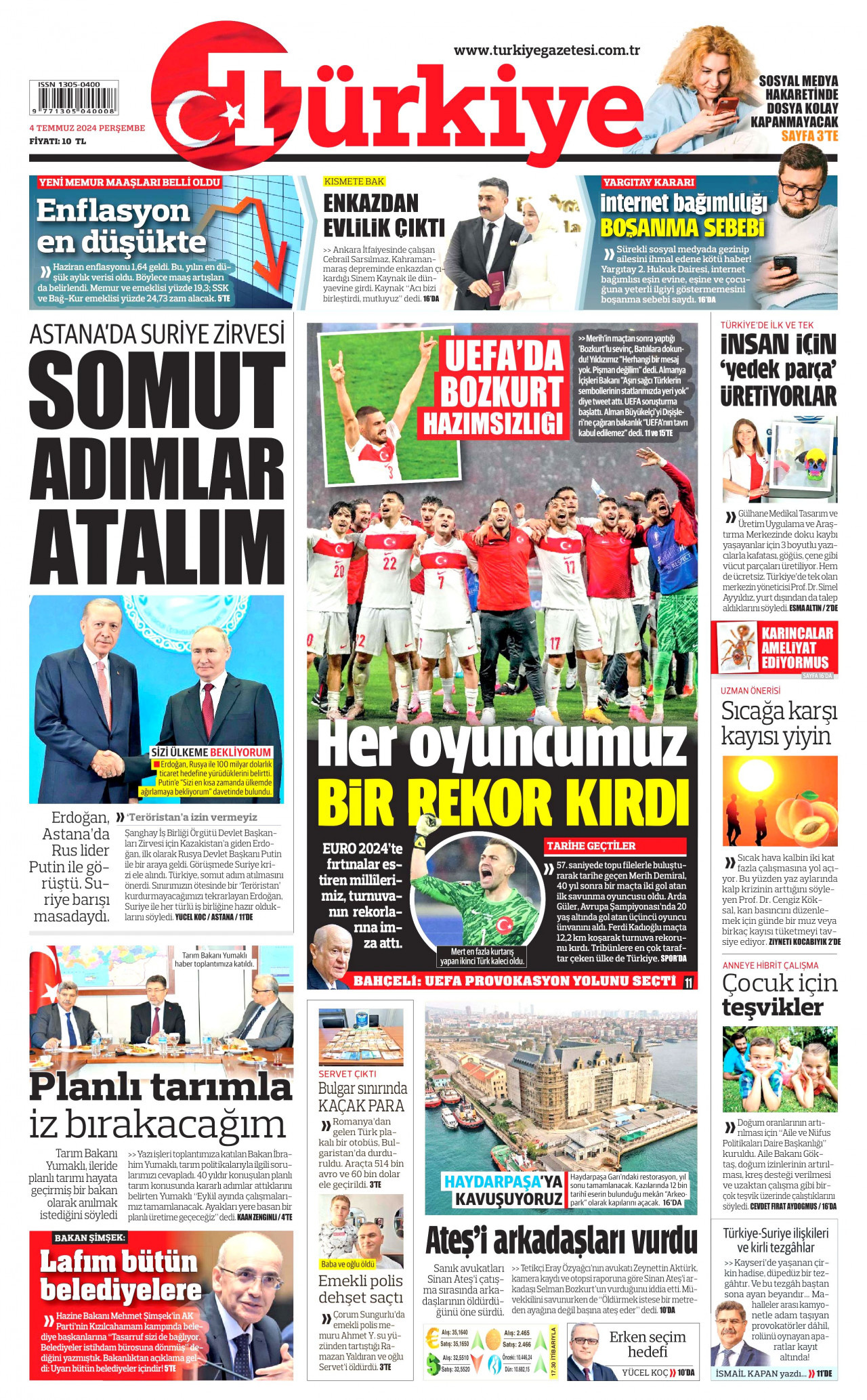 TÜRKİYE GAZETESİ gazetesinin 4 Temmuz 2024 tarihli birinci sayfası