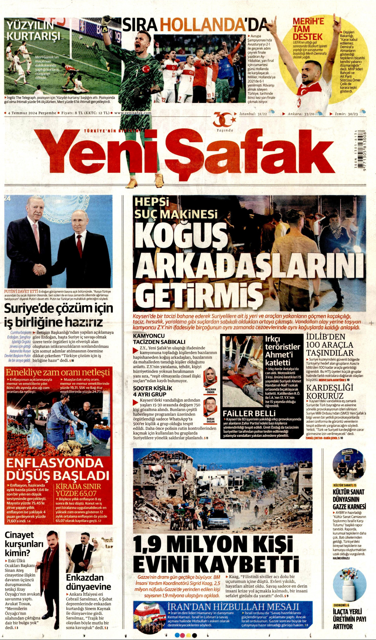 YENİ ŞAFAK gazetesinin 4 Temmuz 2024 tarihli birinci sayfası