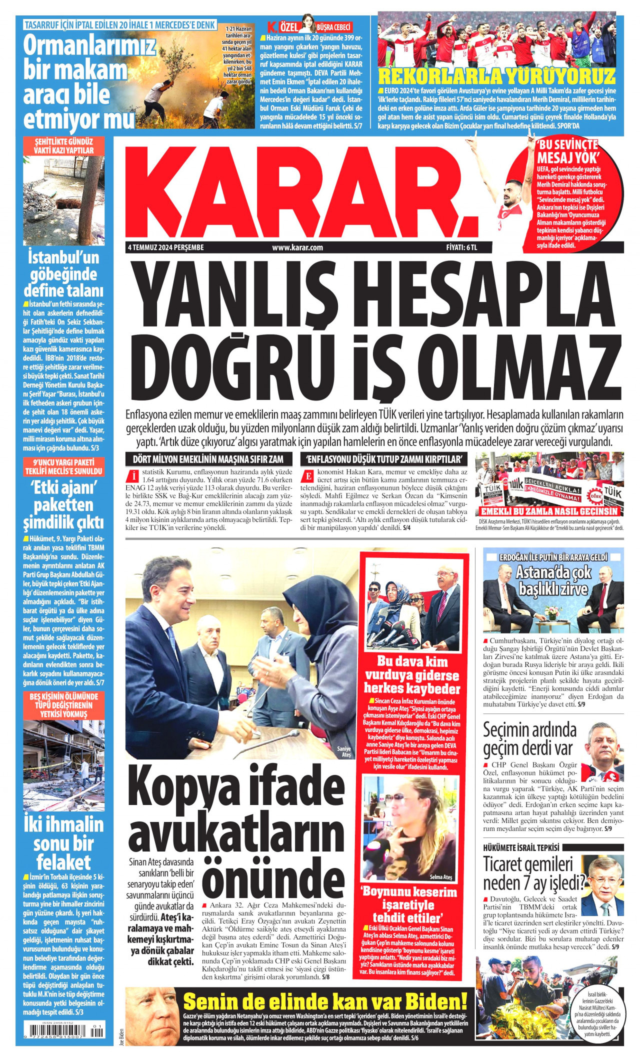 KARAR gazetesinin 4 Temmuz 2024 tarihli birinci sayfası