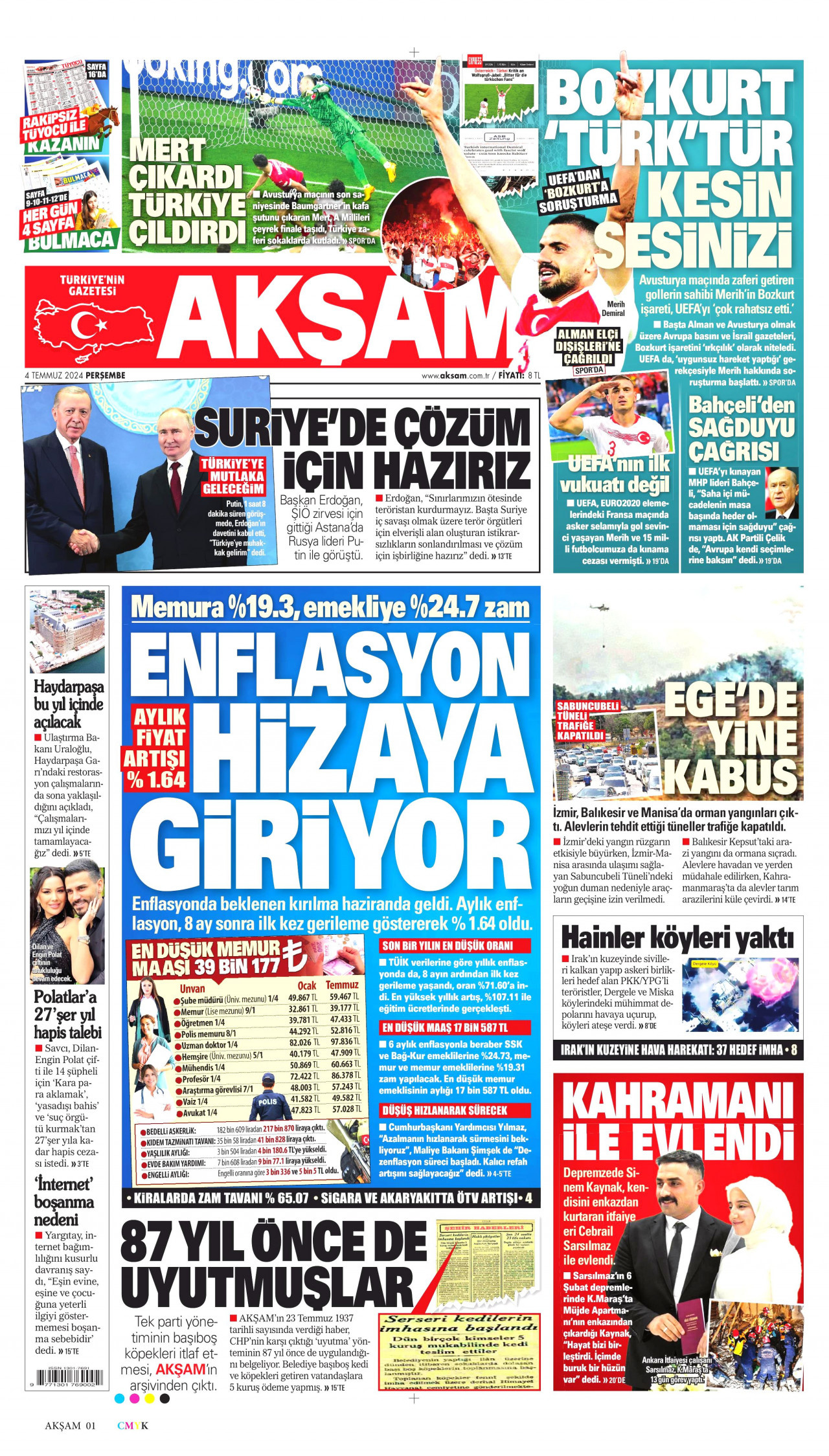 AKŞAM gazetesinin 4 Temmuz 2024 tarihli birinci sayfası