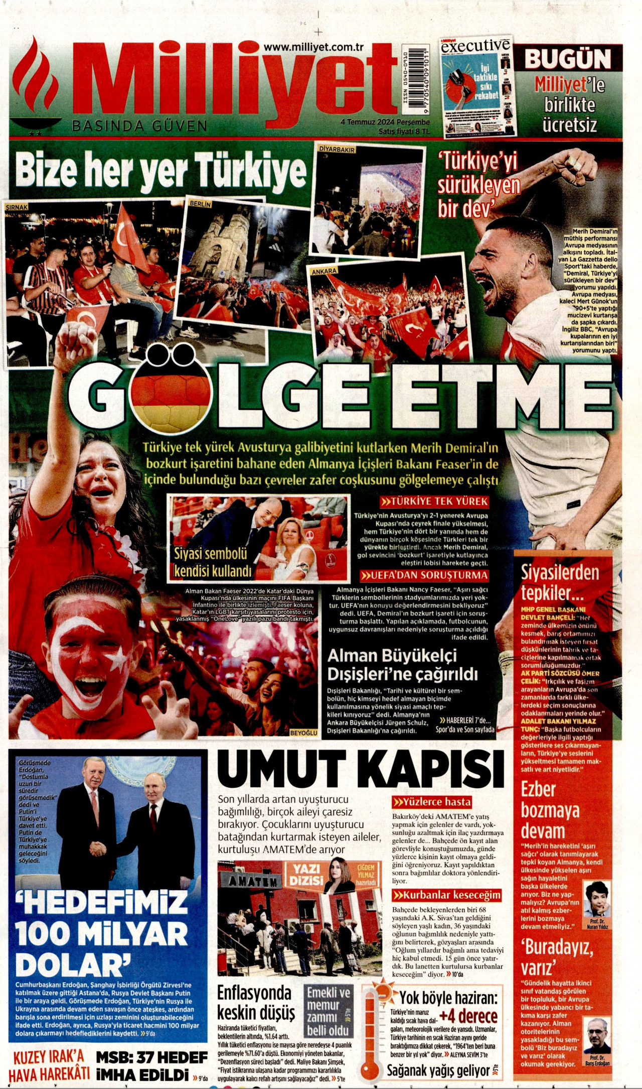 MİLLİYET gazetesinin 4 Temmuz 2024 tarihli birinci sayfası