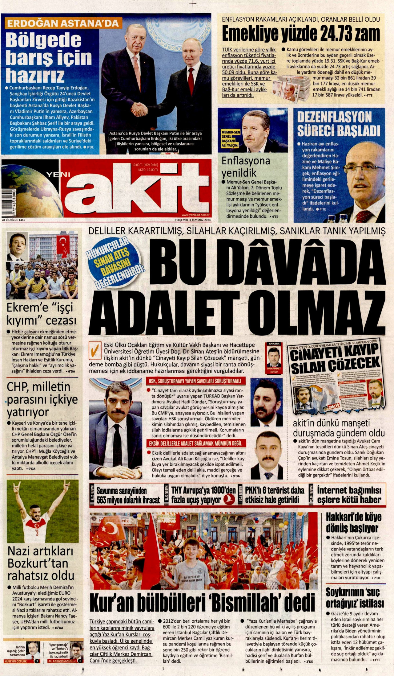 YENİ AKİT gazetesinin 4 Temmuz 2024 tarihli birinci sayfası