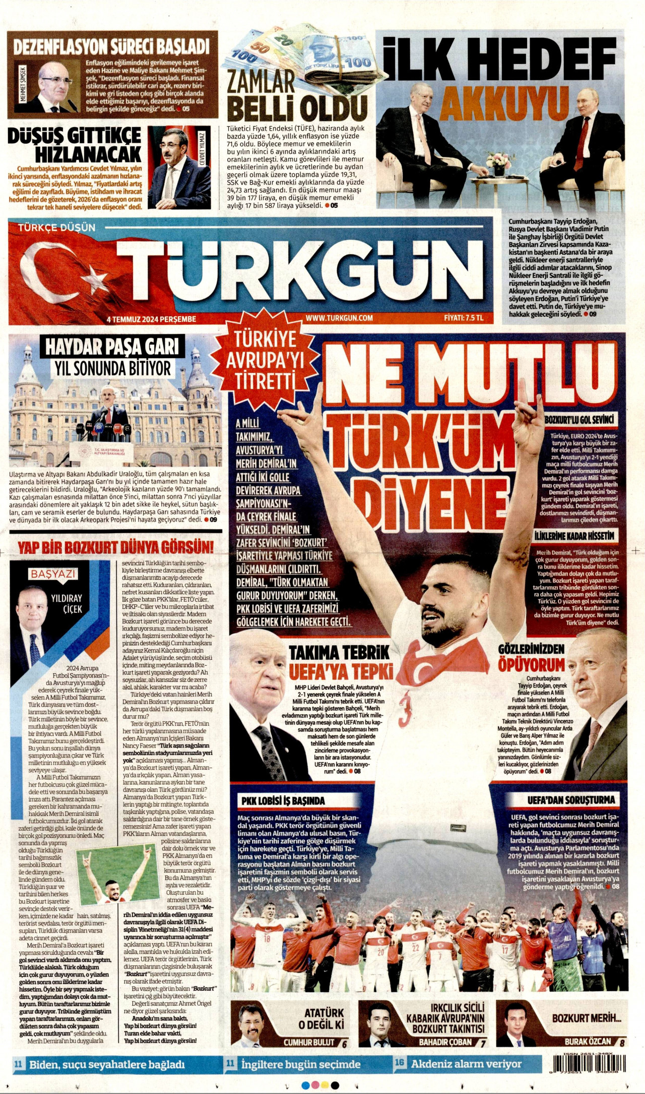 TÜRKGÜN gazetesinin 4 Temmuz 2024 tarihli birinci sayfası