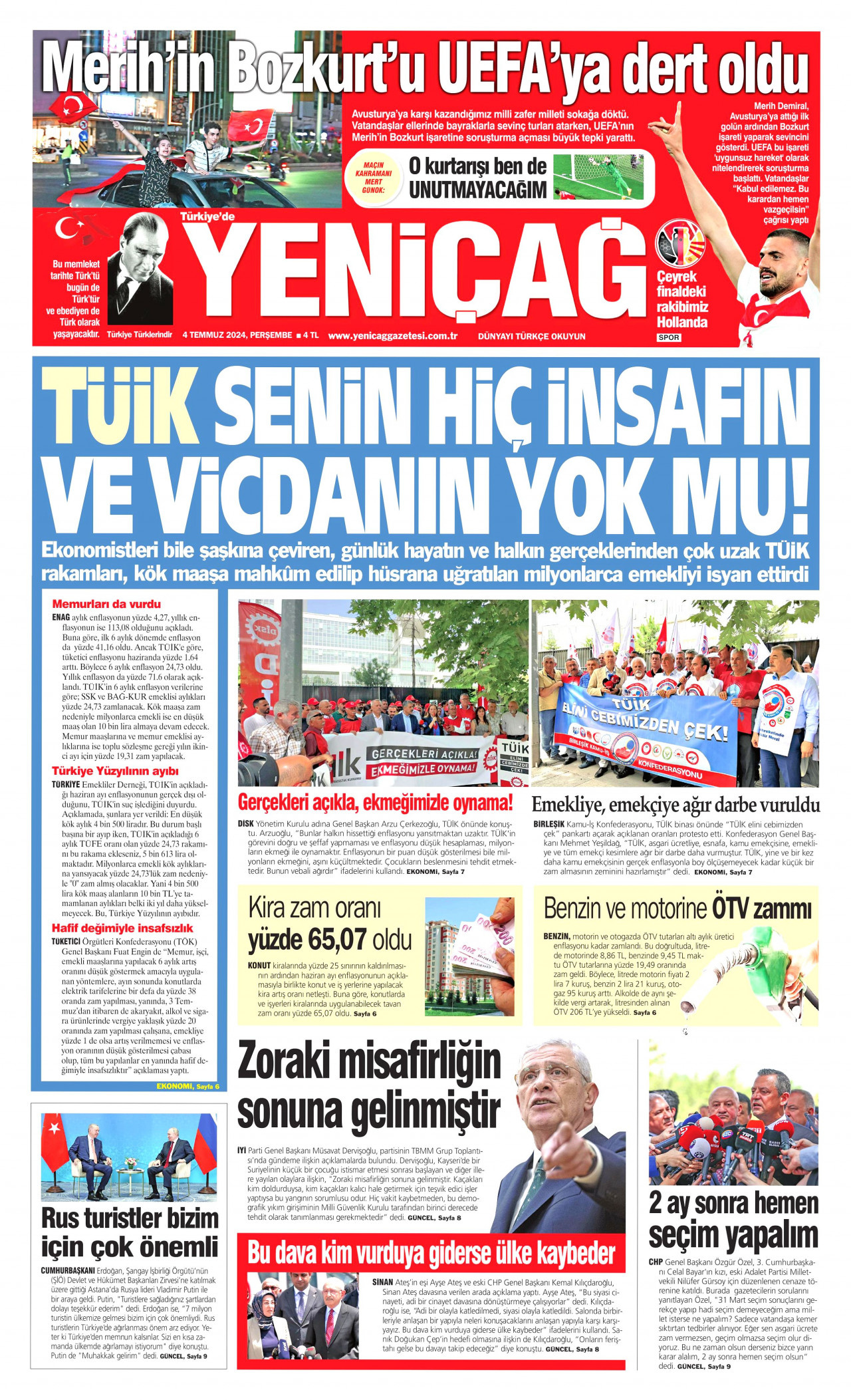 YENİÇAĞ gazetesinin 4 Temmuz 2024 tarihli birinci sayfası