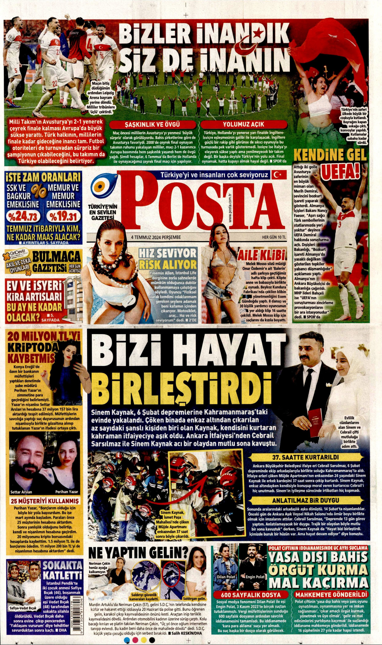 POSTA gazetesinin 4 Temmuz 2024 tarihli birinci sayfası