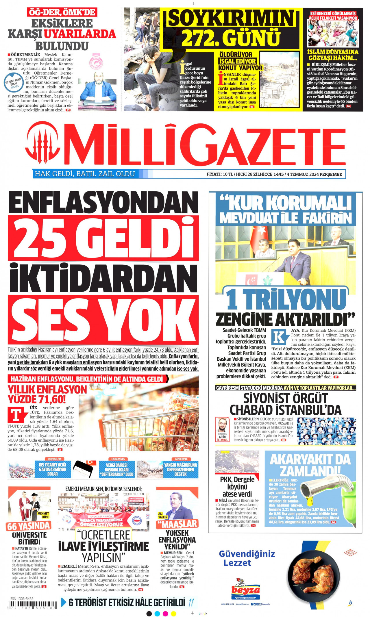 MİLLİ GAZETE gazetesinin 4 Temmuz 2024 tarihli birinci sayfası