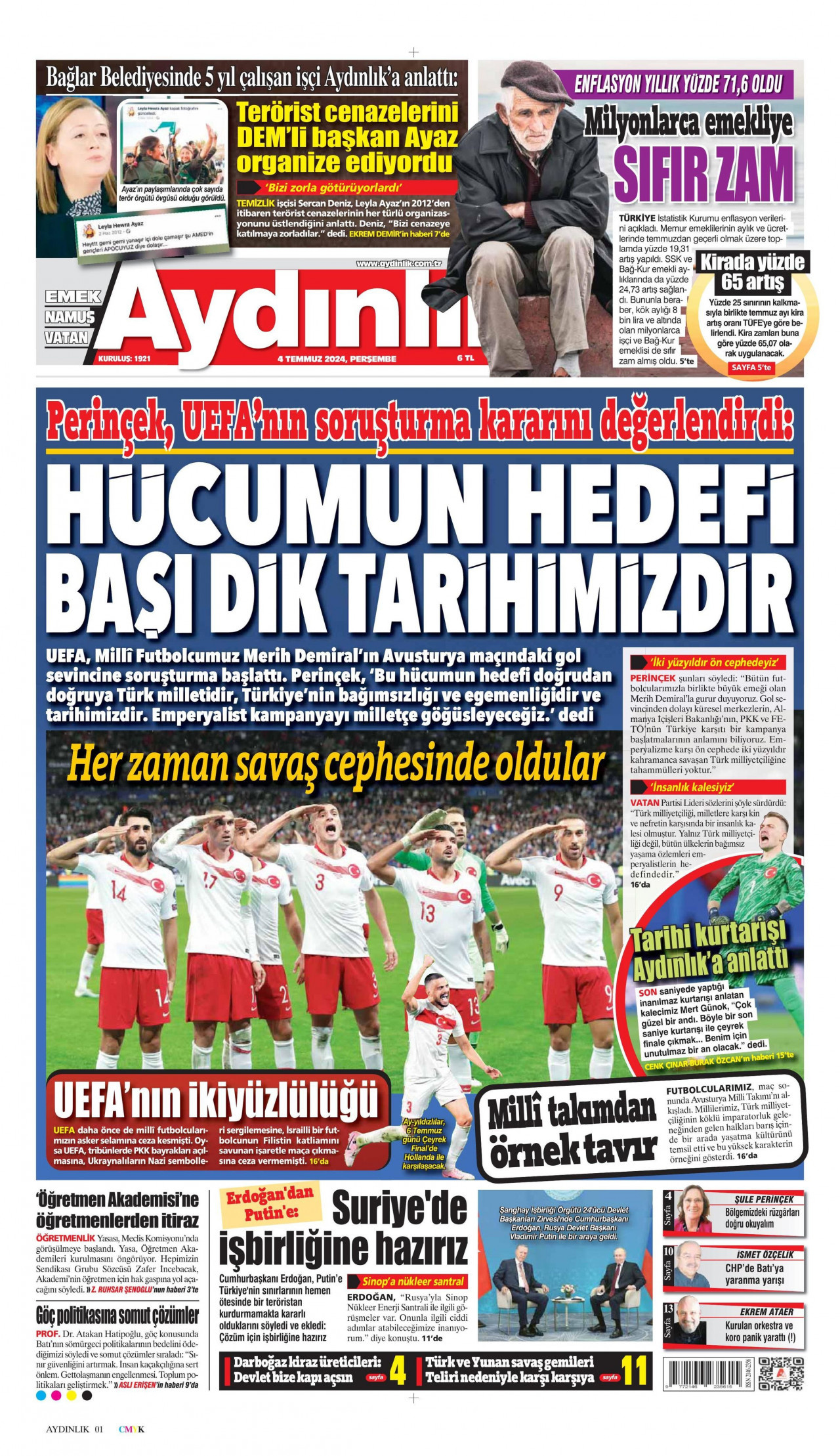 AYDINLIK GAZETESİ gazetesinin 4 Temmuz 2024 tarihli birinci sayfası
