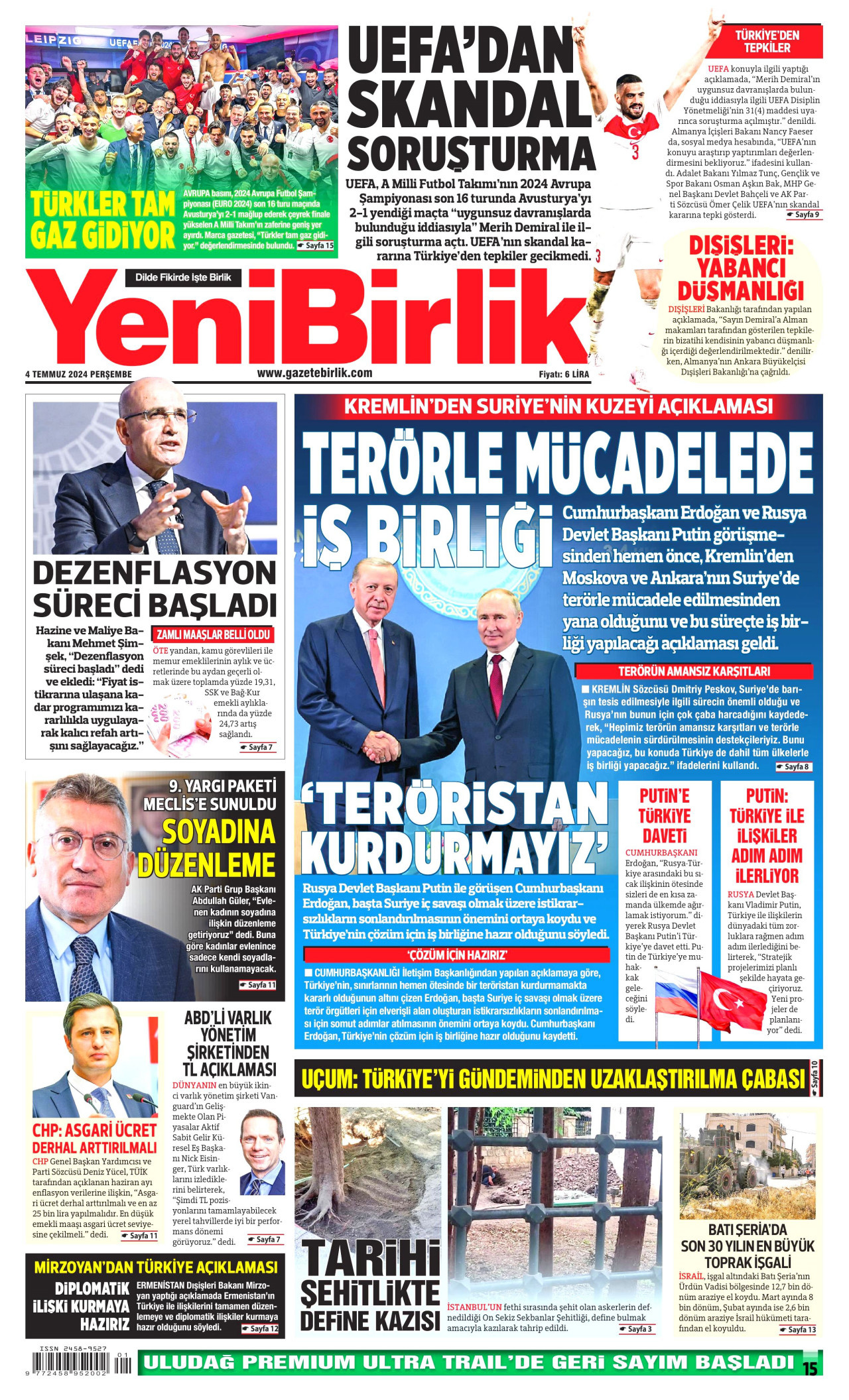 YENİBİRLİK gazetesinin 4 Temmuz 2024 tarihli birinci sayfası