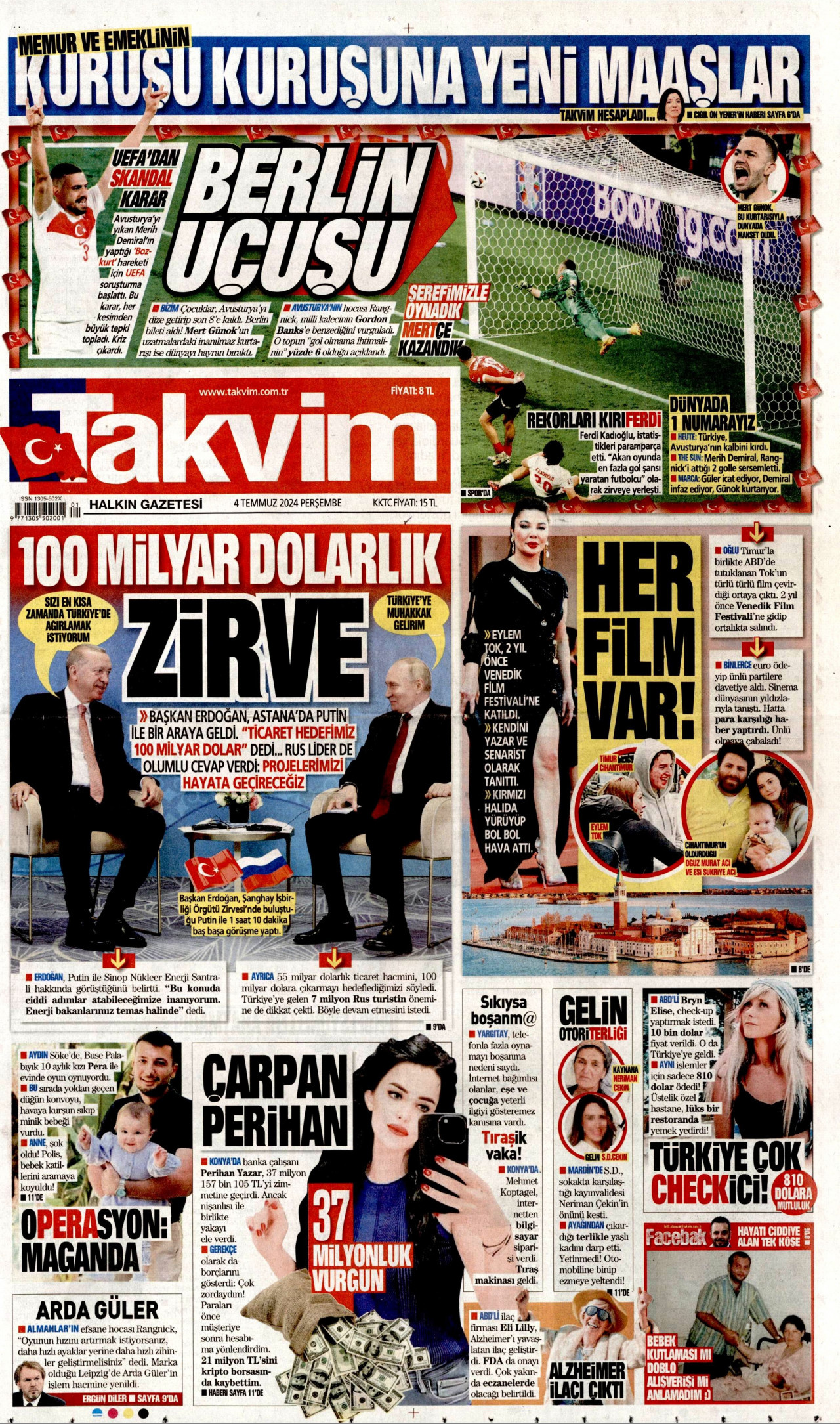 TAKVİM gazetesinin 4 Temmuz 2024 tarihli birinci sayfası